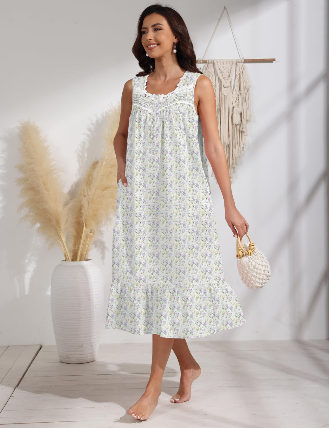 100% Cotton Floral Pearl Snap Nightgown for Women Sleeveless Victorian Sleep Dress Cotton Nightgowns with Pockets WEBE CLOTHING