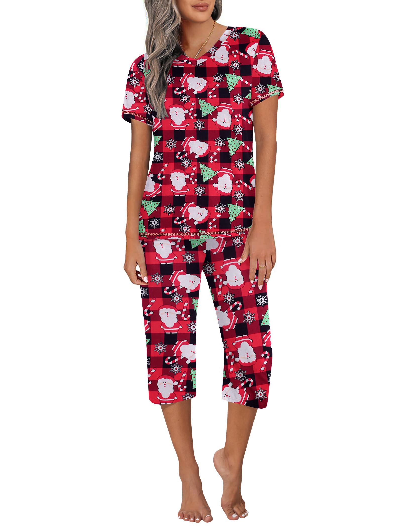 Ekouaer Women's Sleepwear Capri Pajama Sets Short Sleeve Two-Piece Pjs V Neck Tops & Capri Pants with Pockets S-3XL