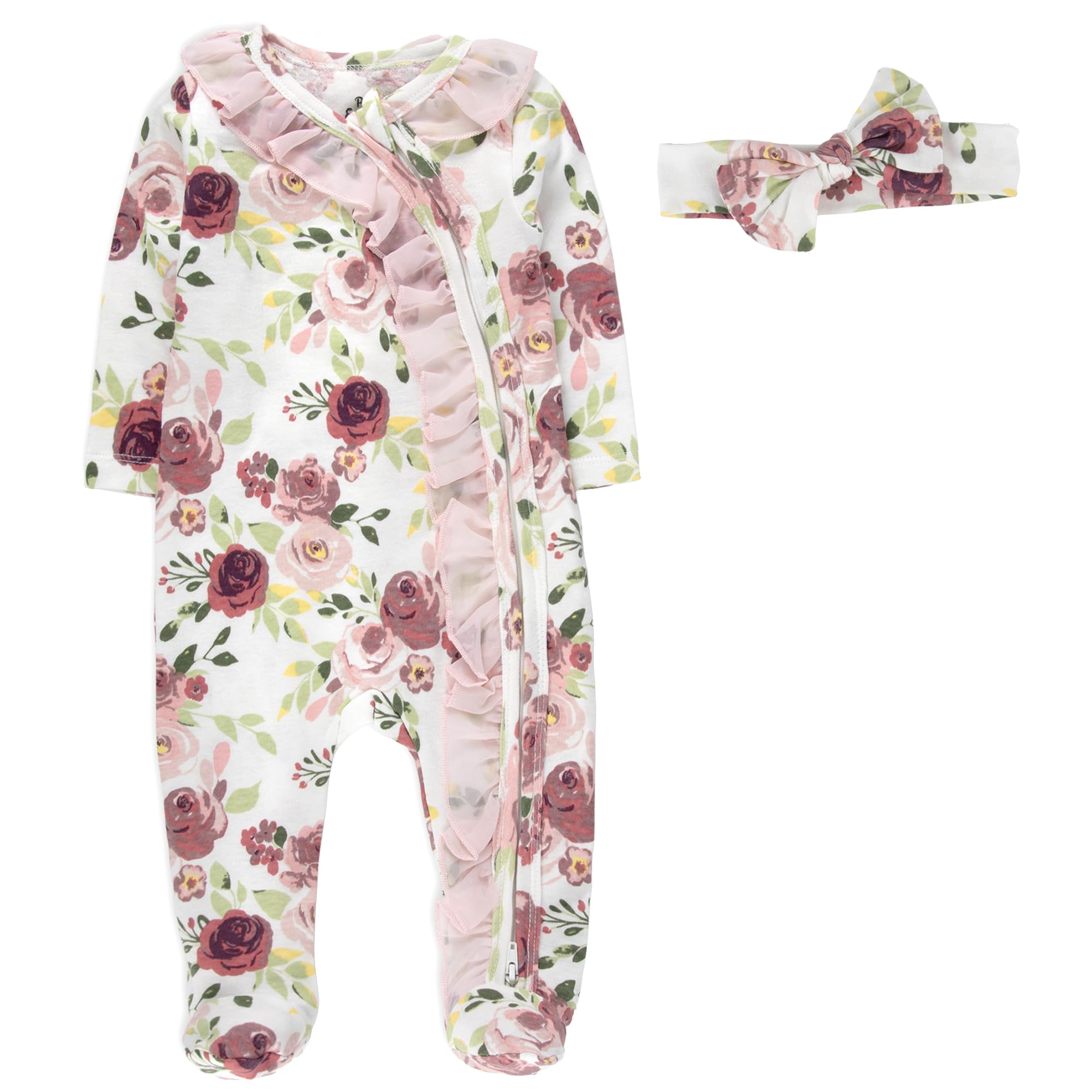 Baby Essentials Baby Girl Sleepers,4 Piece Outfit Set, Romper Footies and Headband – All Season Baby Clothes Gift Set