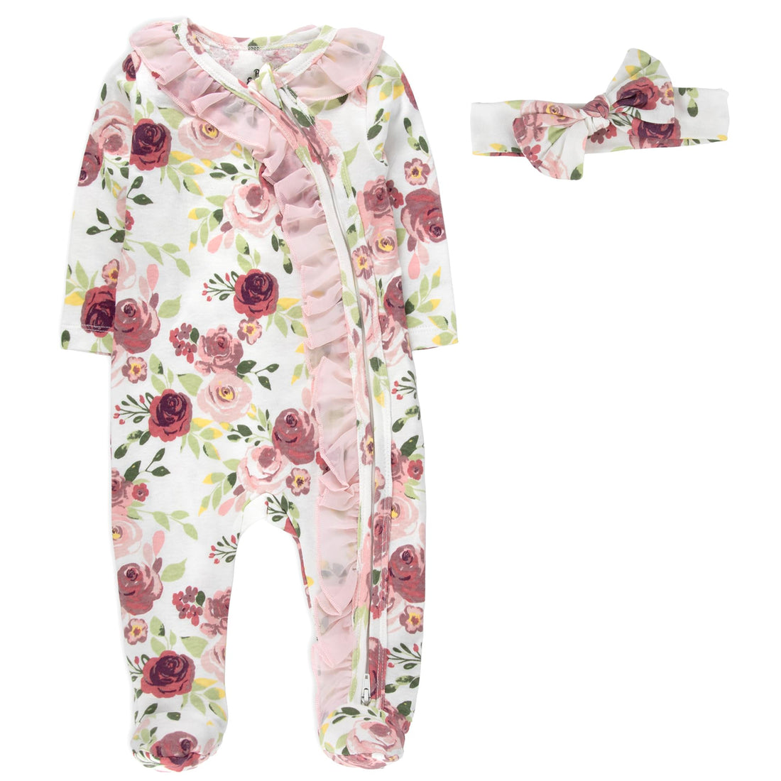 Baby Essentials Baby Girl Sleepers,4 Piece Outfit Set, Romper Footies and Headband – All Season Baby Clothes Gift Set