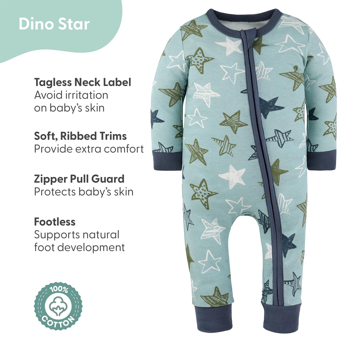 The Peanutshell 2-Pack Sleep and Play Baby Boy Clothes, Soft Cotton Footless Pajamas, Dino Star