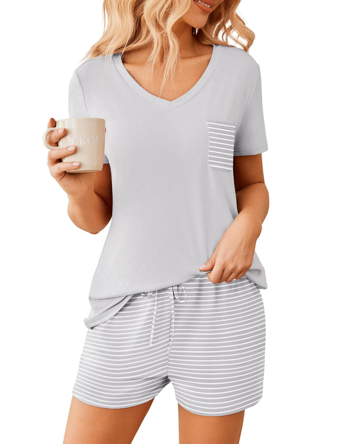Ekouaer Womens Pajama Sets Short Sleeve Pajamas for Women Sets Soft Lounge Sets Casual V Neck Sleepwear PJS