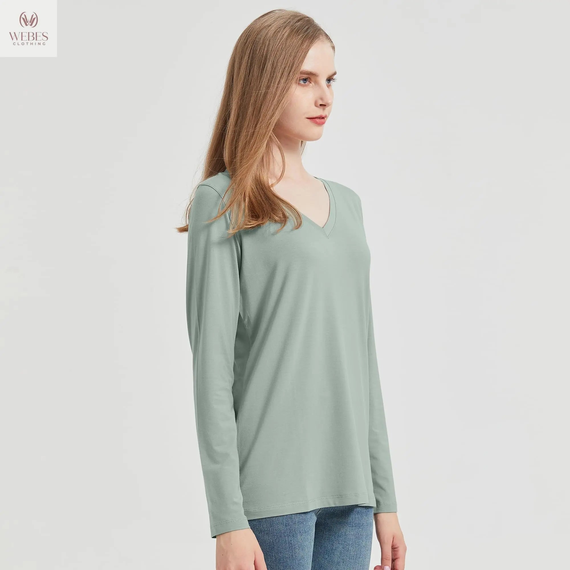 netdraw Women's Bamboo Viscose Long Sleeve V-Neck T-Shirt Soft Comfy Trendy Casual Sleep Pajama Lounge Tops