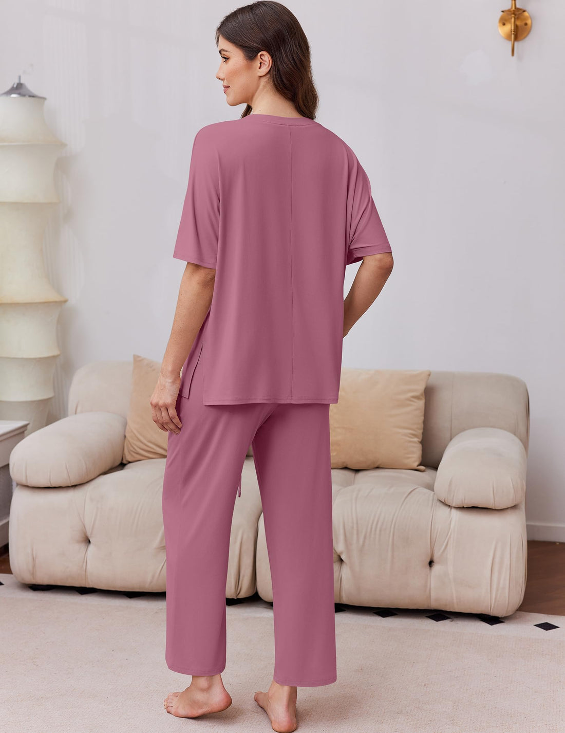 Ekouaer 2 Packs Lounge Sets for Women Short Sleeve Pajamas Set V Neck Top and Long Pants Comfy Pjs Outifts with Pockets