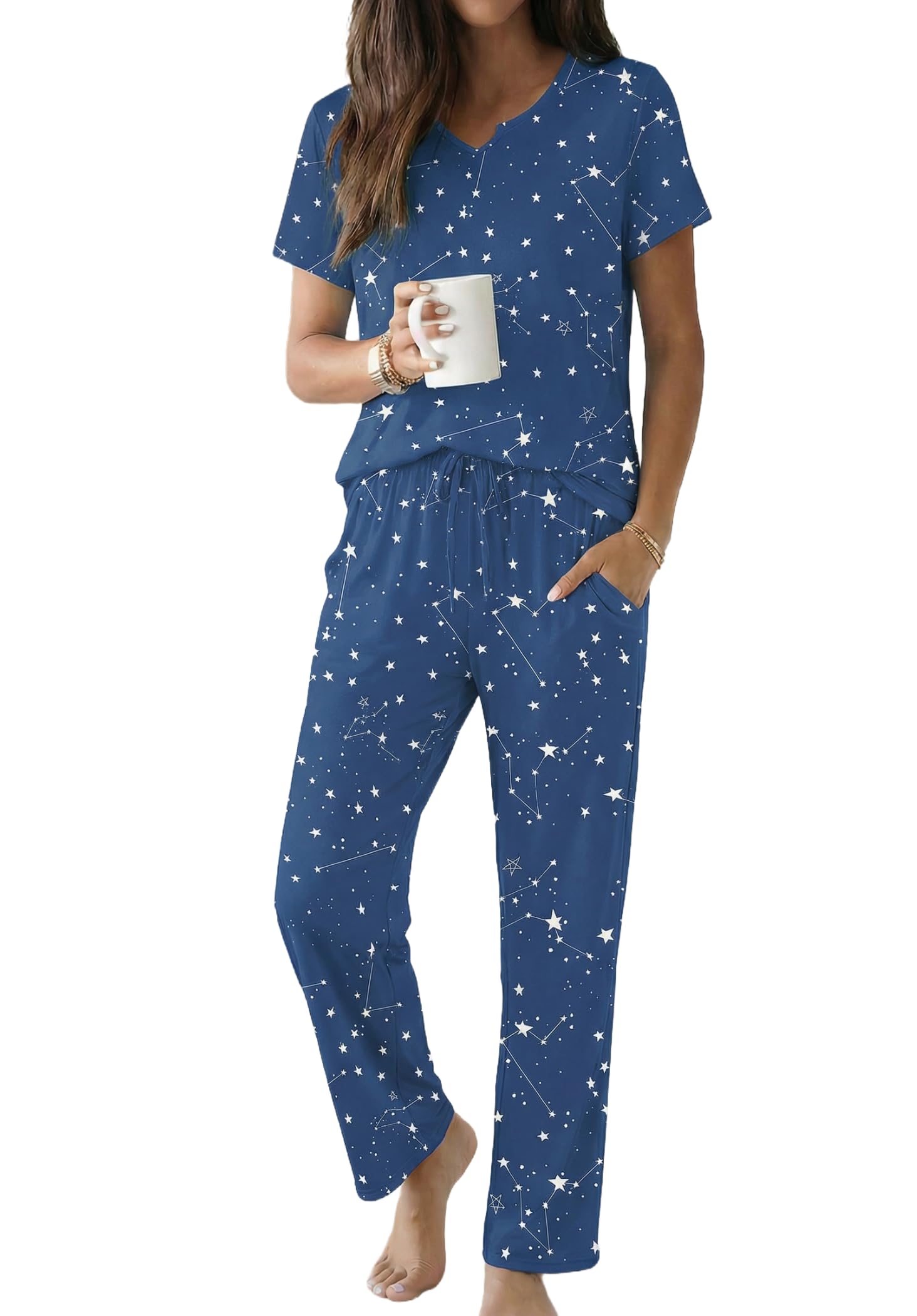 Ekouaer 2 Piece Womens Pajamas Short Sleeve Top and Long Pants Pjs Set Printed Sleepwear with Pocket WEBE CLOTHING