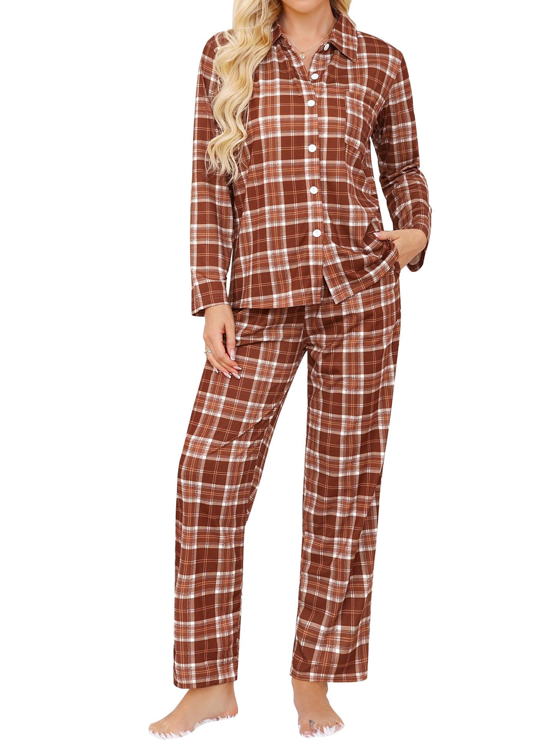 SWOMOG Womens Pajamas Set Long Sleeve Sleepwear Button Down Nightwear Soft Cotton Pj Lounge Sets