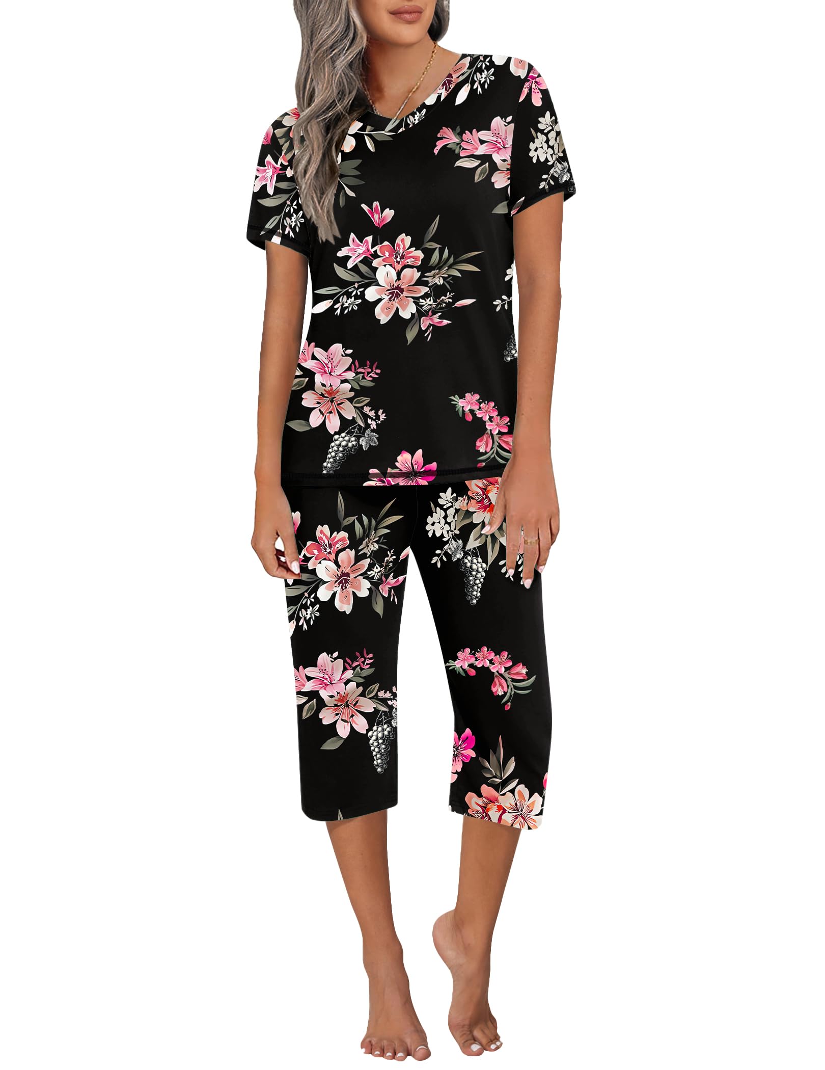 Ekouaer Women's Sleepwear Capri Pajama Sets Short Sleeve Two-Piece Pjs V Neck Tops & Capri Pants with Pockets S-3XL