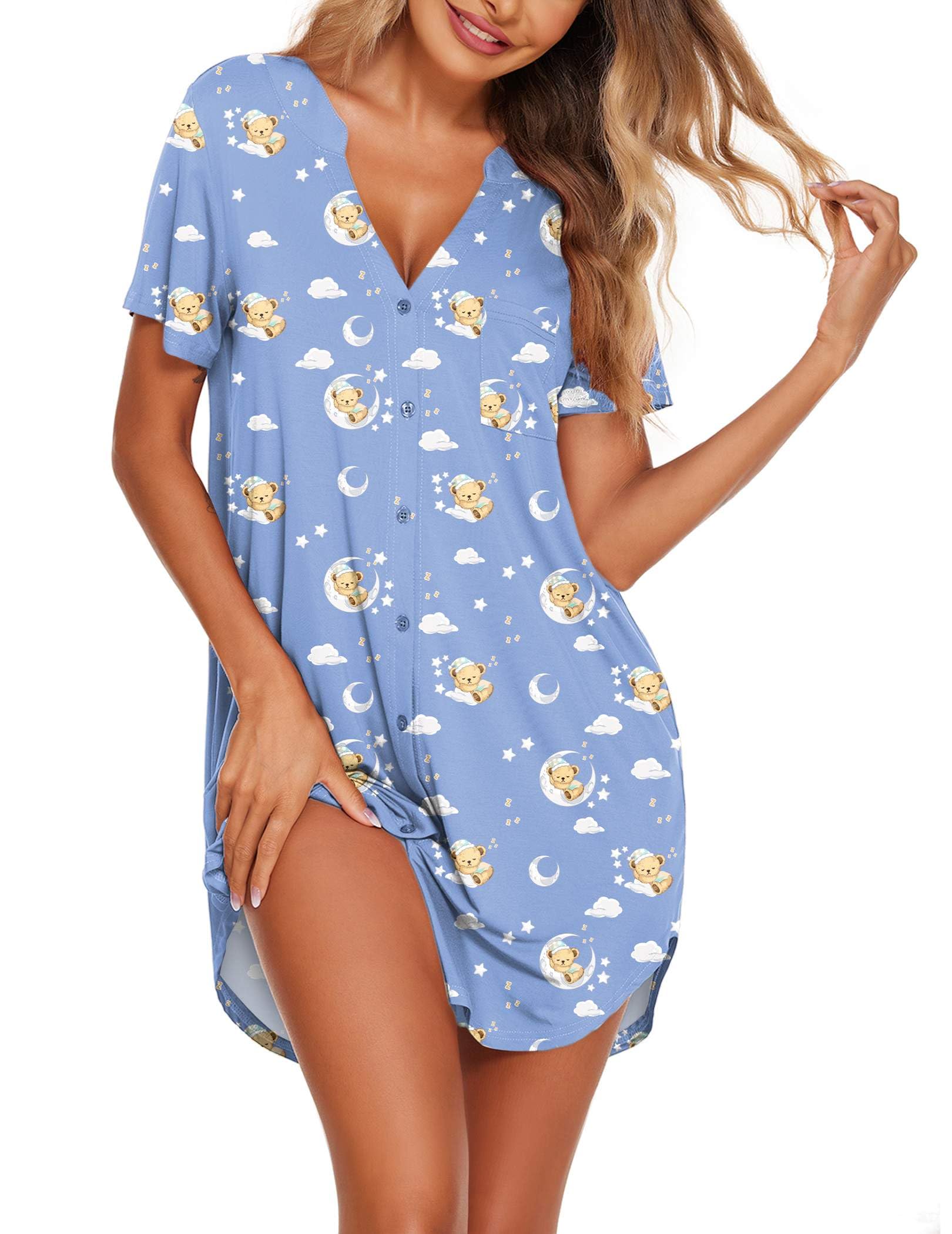 Ekouaer Women V Neck Button Down Nightgown