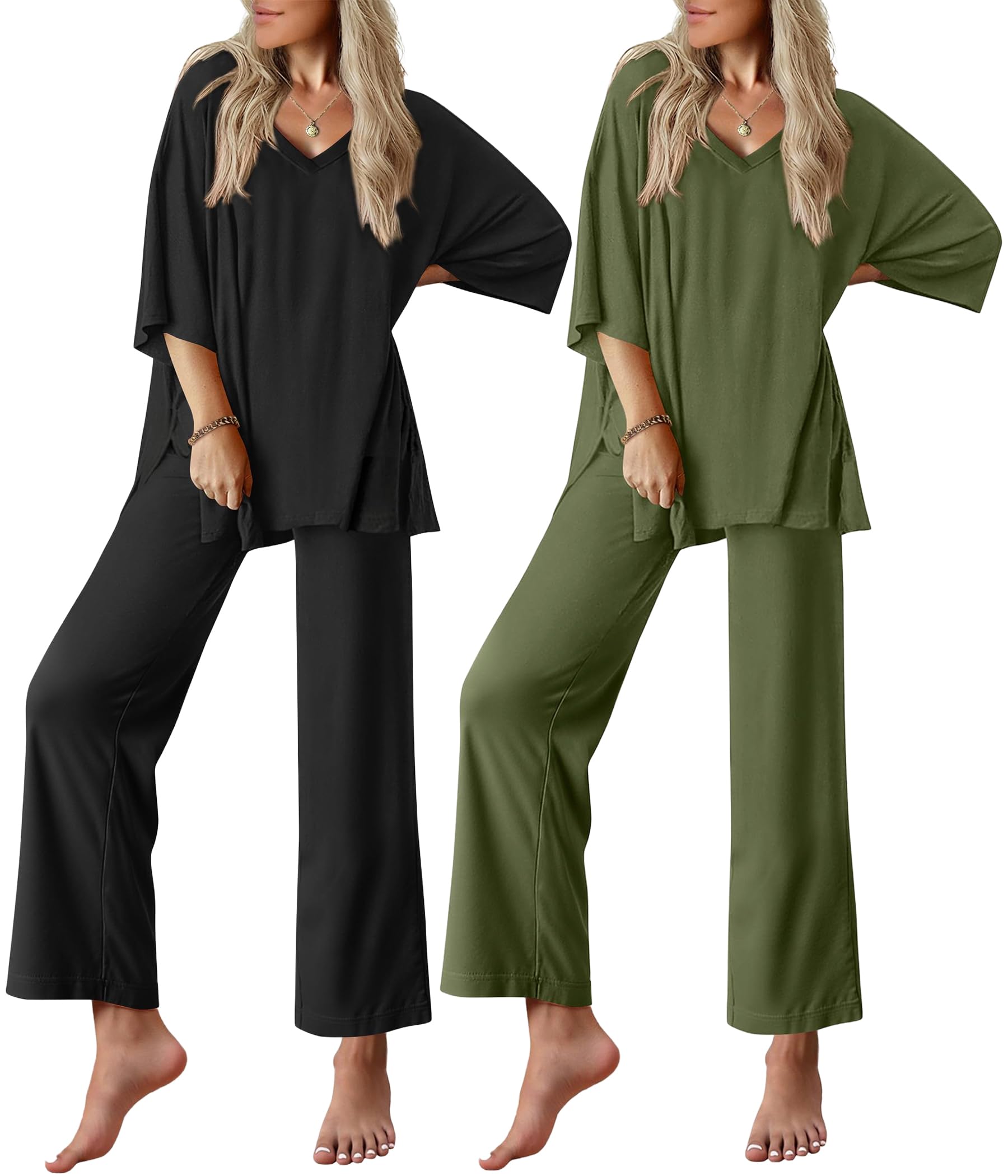 Ekouaer 2 Packs Lounge Sets for Women Short Sleeve Pajamas Set V Neck Top and Long Pants Comfy Pjs Outifts with Pockets