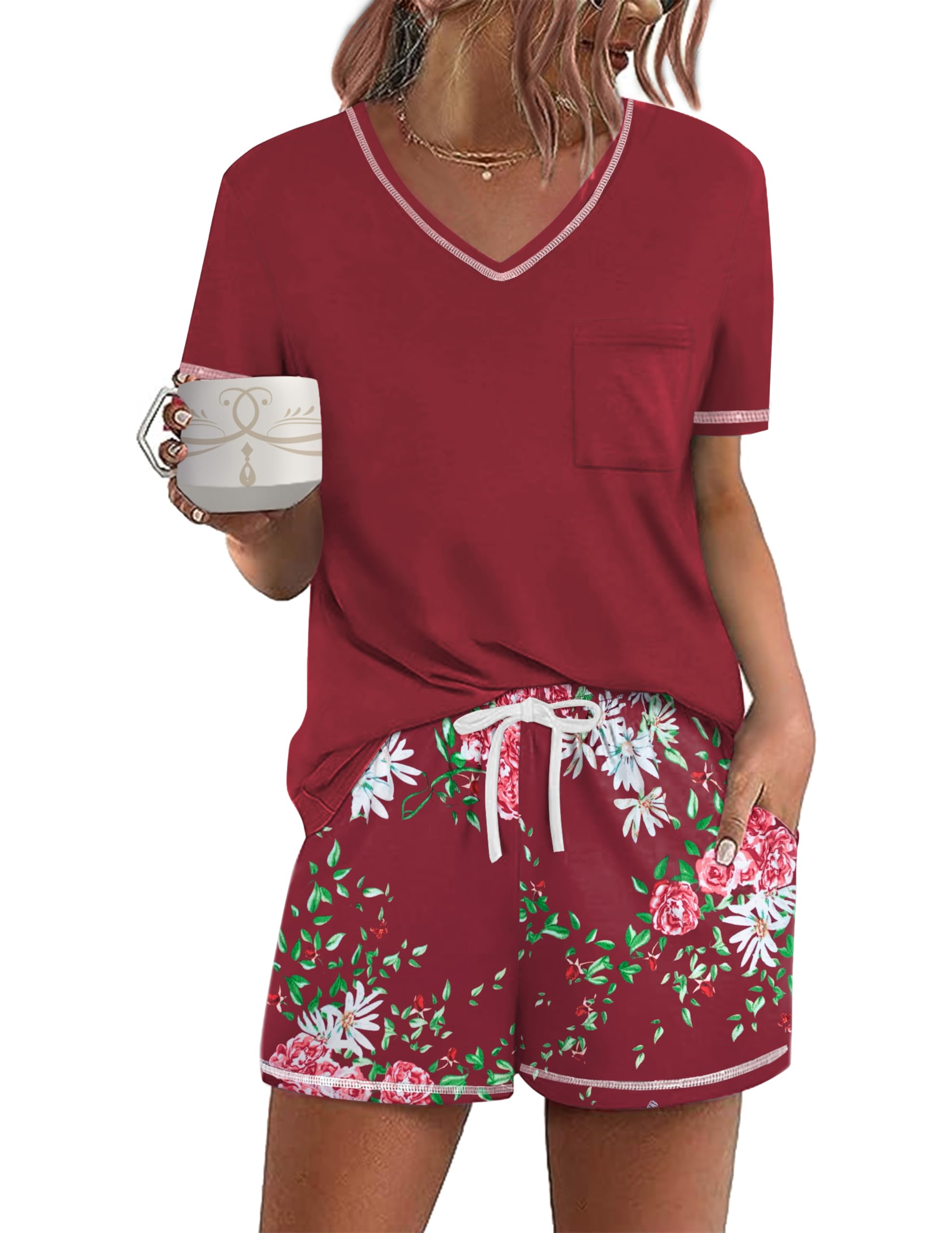 Ekouaer Women's Pajamas Sets Short Sleeve Pjs Two Piece Sleepwear Casual Lounge Sets With Pockets