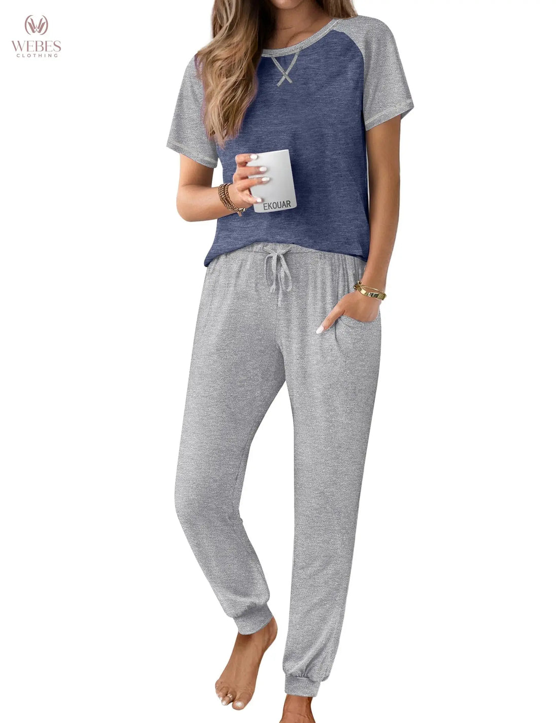 Ekouaer Pajamas for Women Set Short Sleeve PJ Set 2 Piece Jogger Pants | Soft Women Pajama Sets with Cozy Sleepwear Lounge Set Style Featuring Pockets Raglan Short Sleeve Top and Jogger Pants WEBE CLOTHING