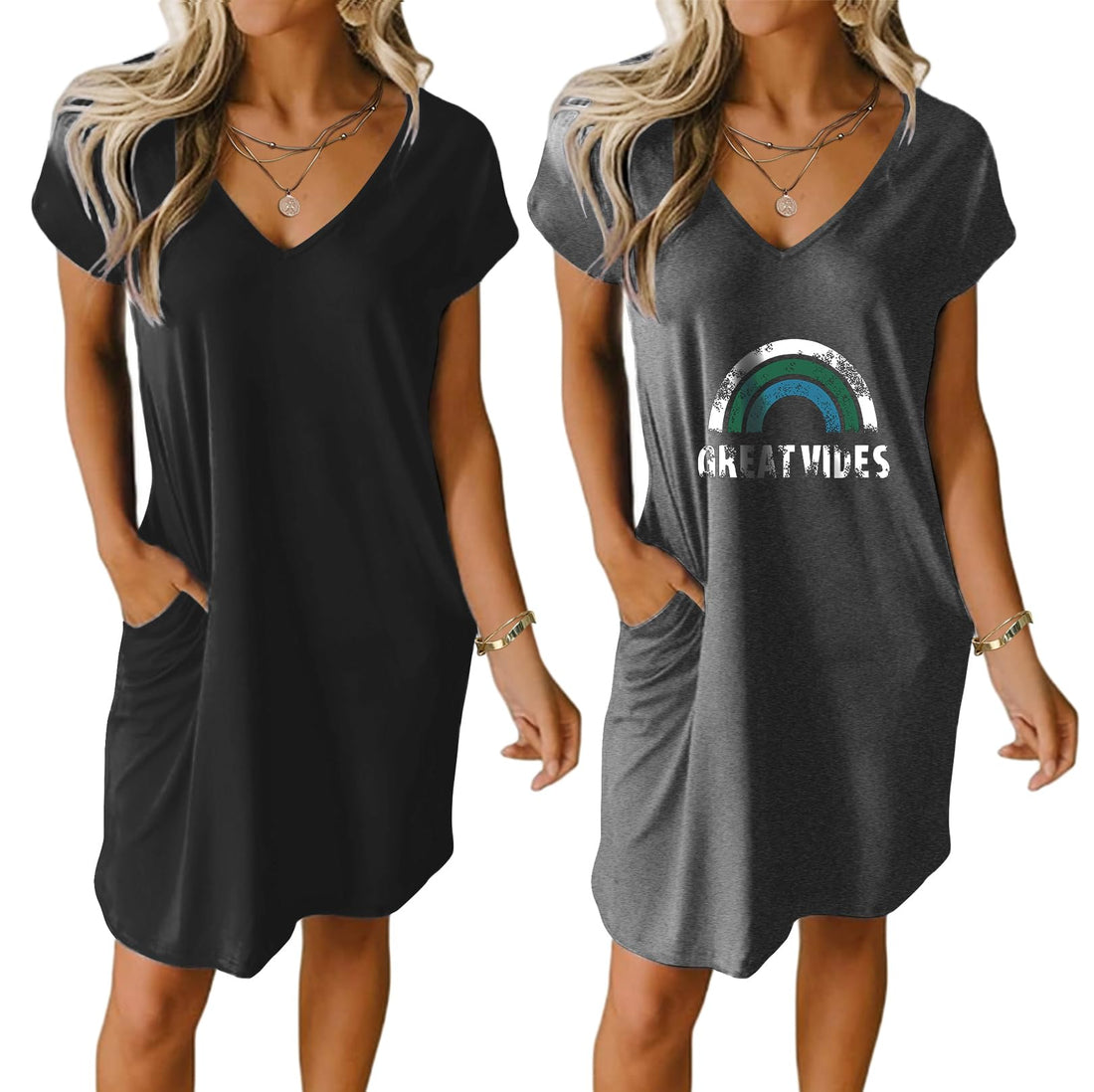 Ekouaer Womens 2 Pack Nightgown V Neck Sleepshirt Short Sleeve Nightshirt Plain/Floral Pajama Dress with Pockets