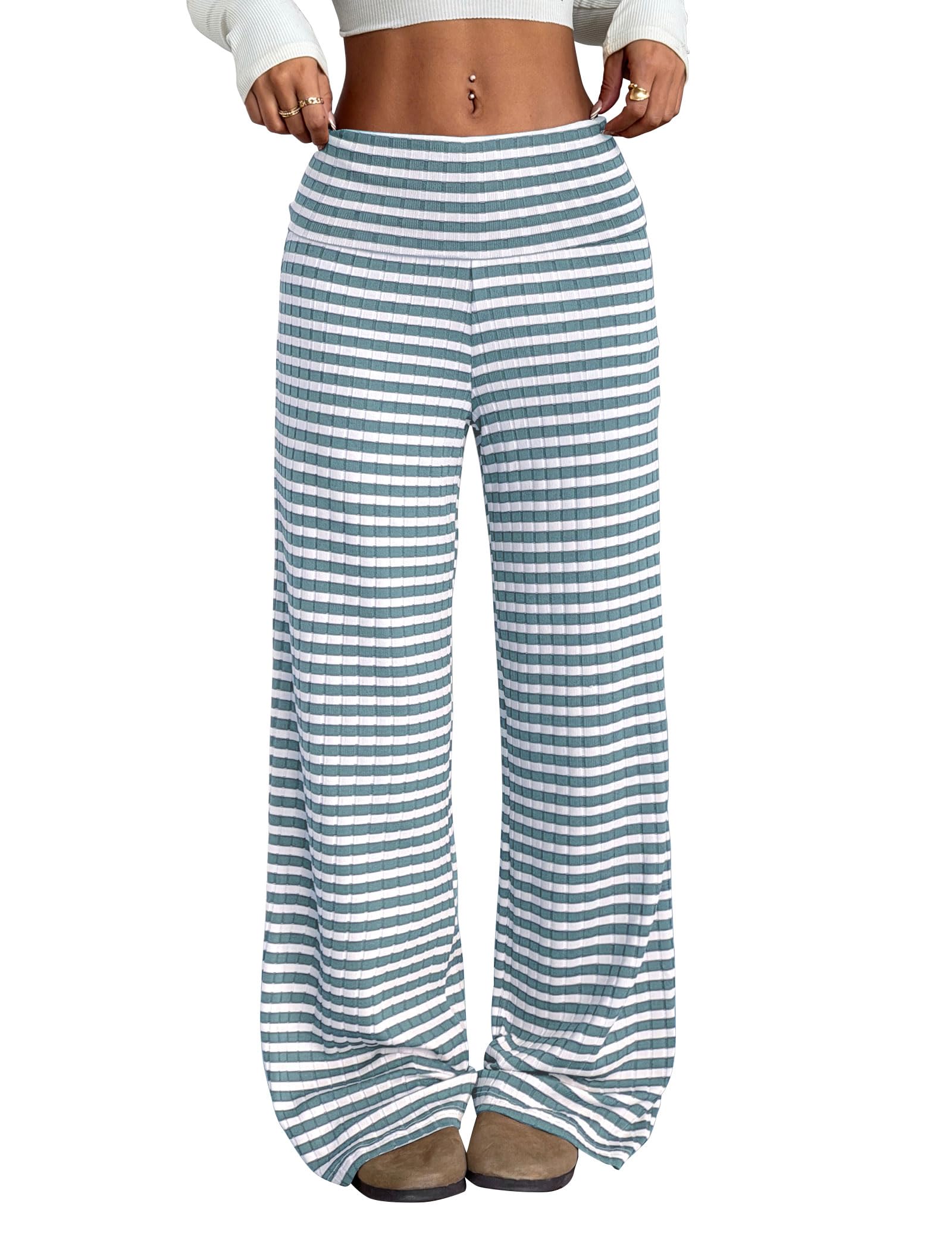 ZAFUL Women's Striped Pants Casual Fold Waist Wide Leg Pants Lightweight Comfy Stretchy Loose Lounge Pajama Pants