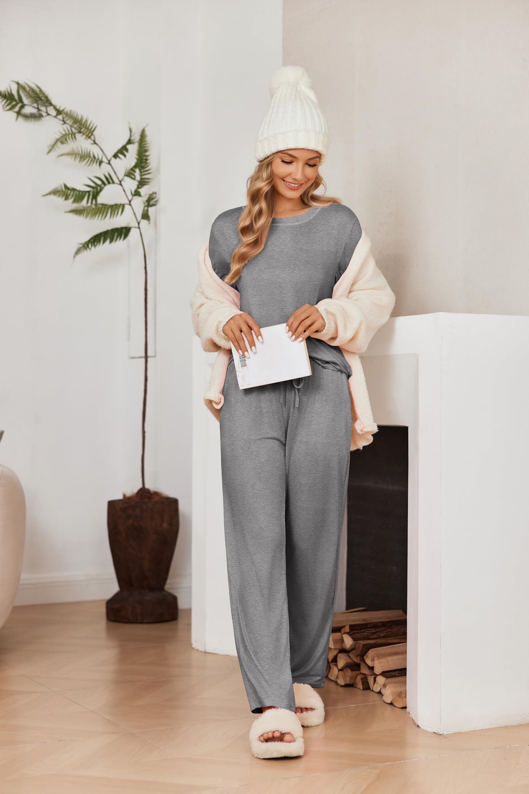 Ekouaer 2 Pack Women Pajama Long Sleeve Sleepwear Soft Loungewear Pjs Sets with Pockets S-XXL