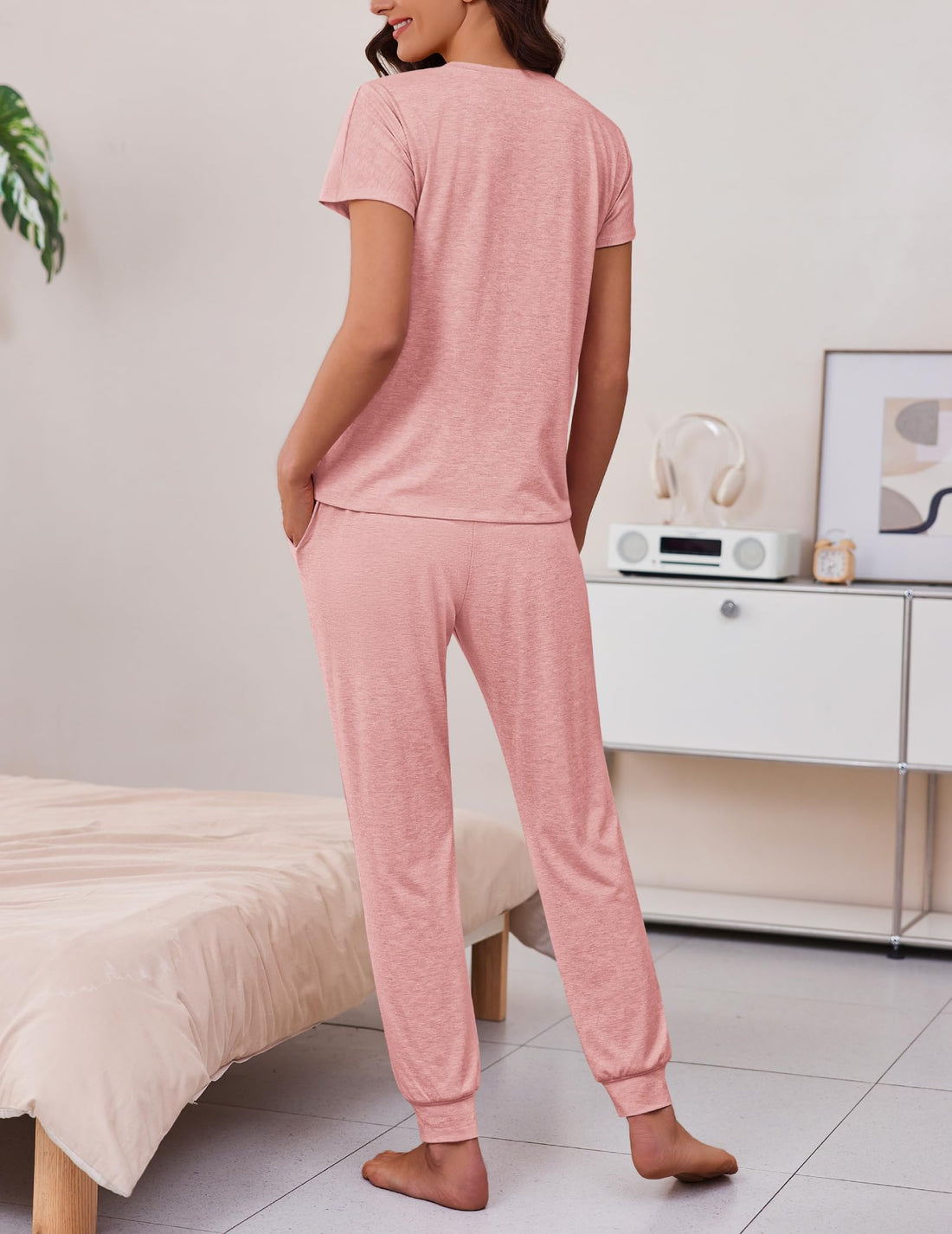 Ekouaer 2 pack Pajama Sets for Womens Jogger Pants Pjs Short Sleeves Lounge Set Soft Sleepwear with Pockets