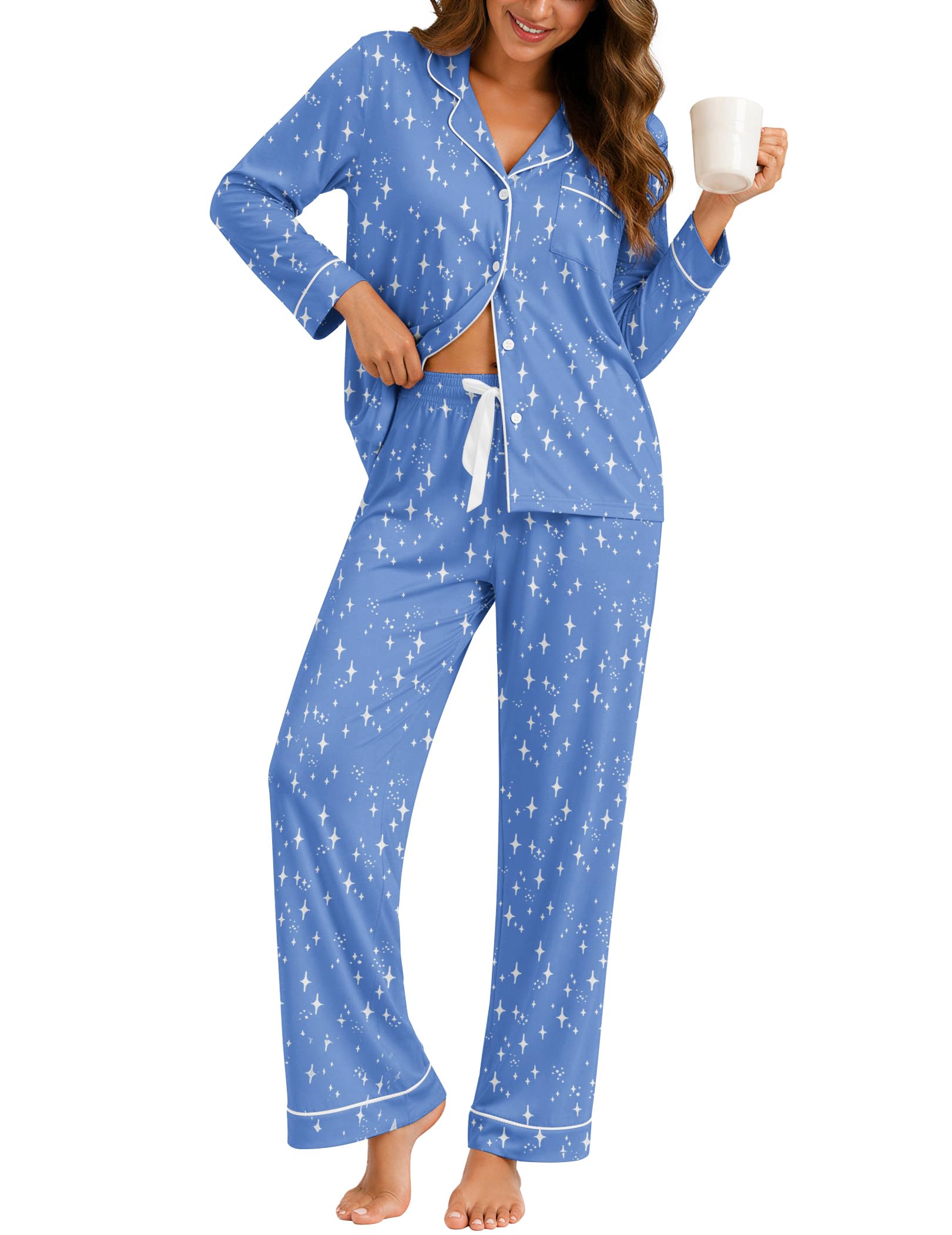 ZMJ Womens Pajamas Sets 2 Piece Long Sleeve and Pant Pj Sets Button Up Sleepwear