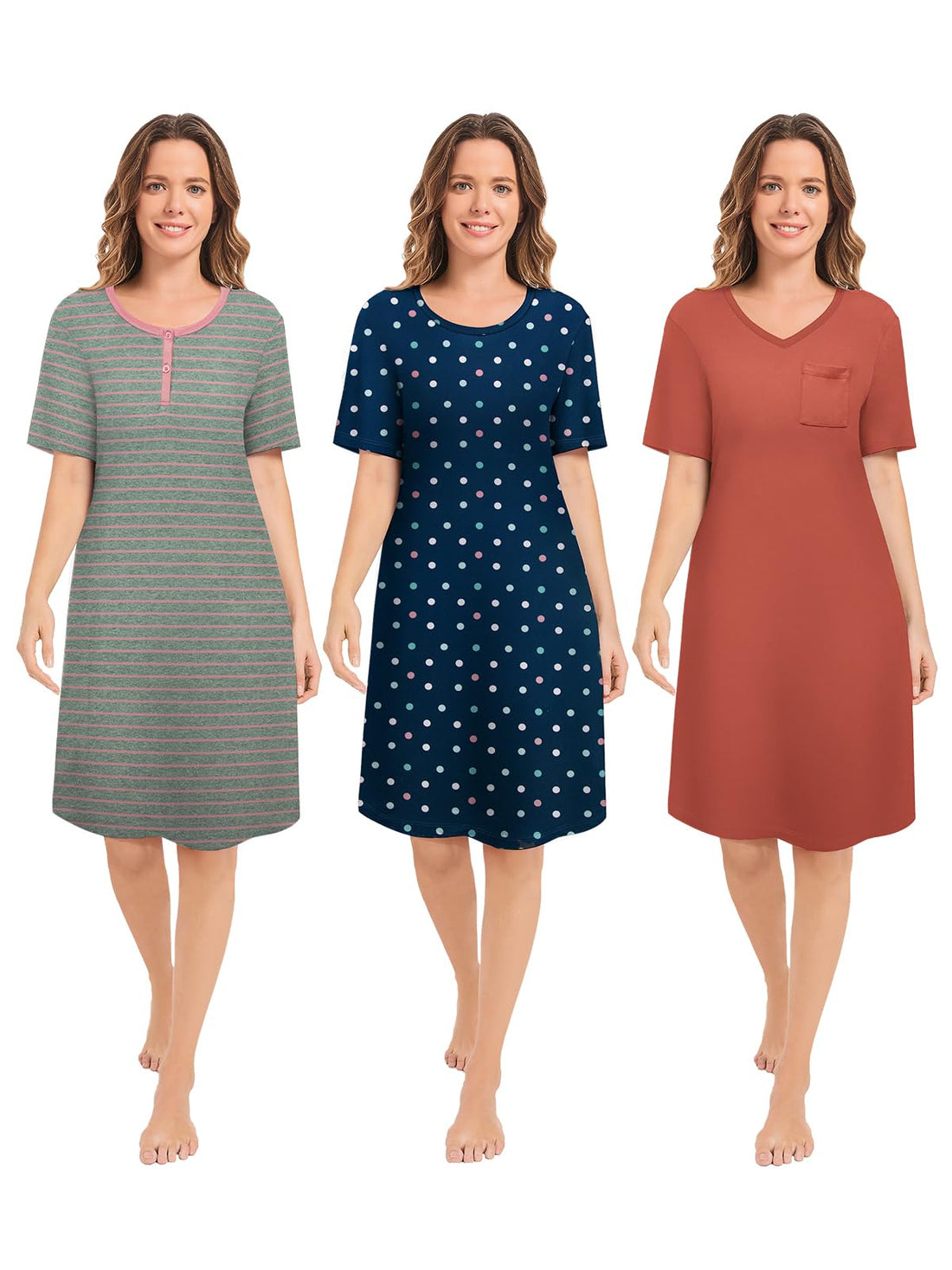 3 Pack Nightgowns for Women Short Sleeve Night Gown Soft Sleep Shirts Women's Sleepwear Print Sleep Dress WEBE CLOTHING