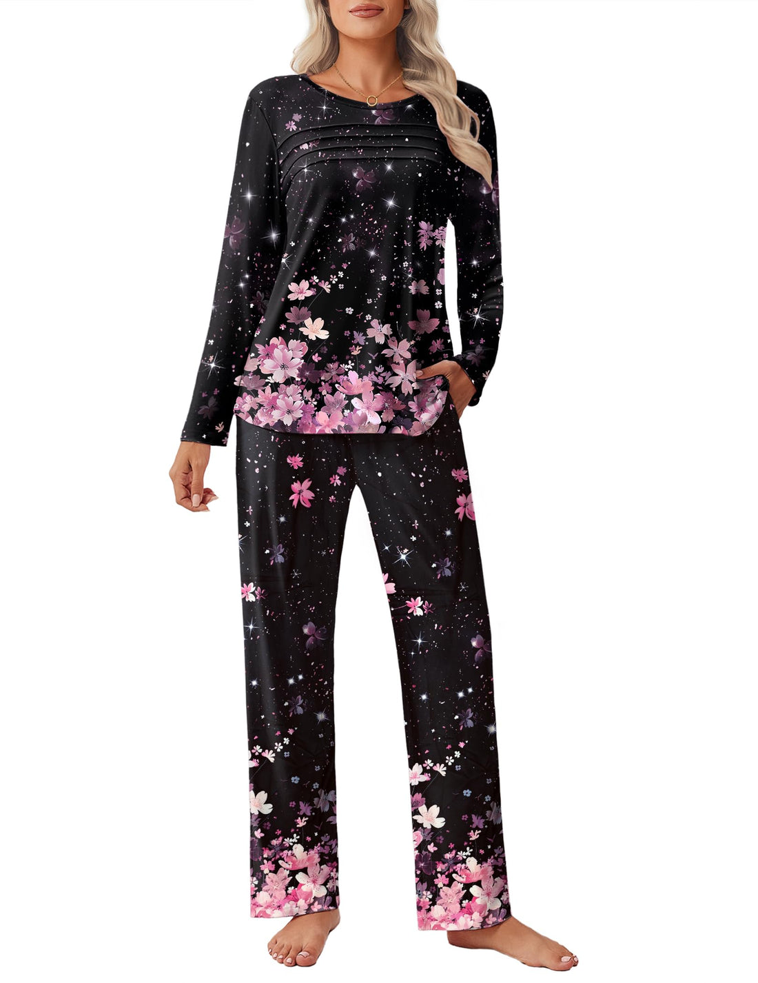 Ekouaer Womens Pajama Sets Pleated Tops with Long Pants Lounge Set Long Sleeve Fall Sleepwear Ladies Pjs S-XXL