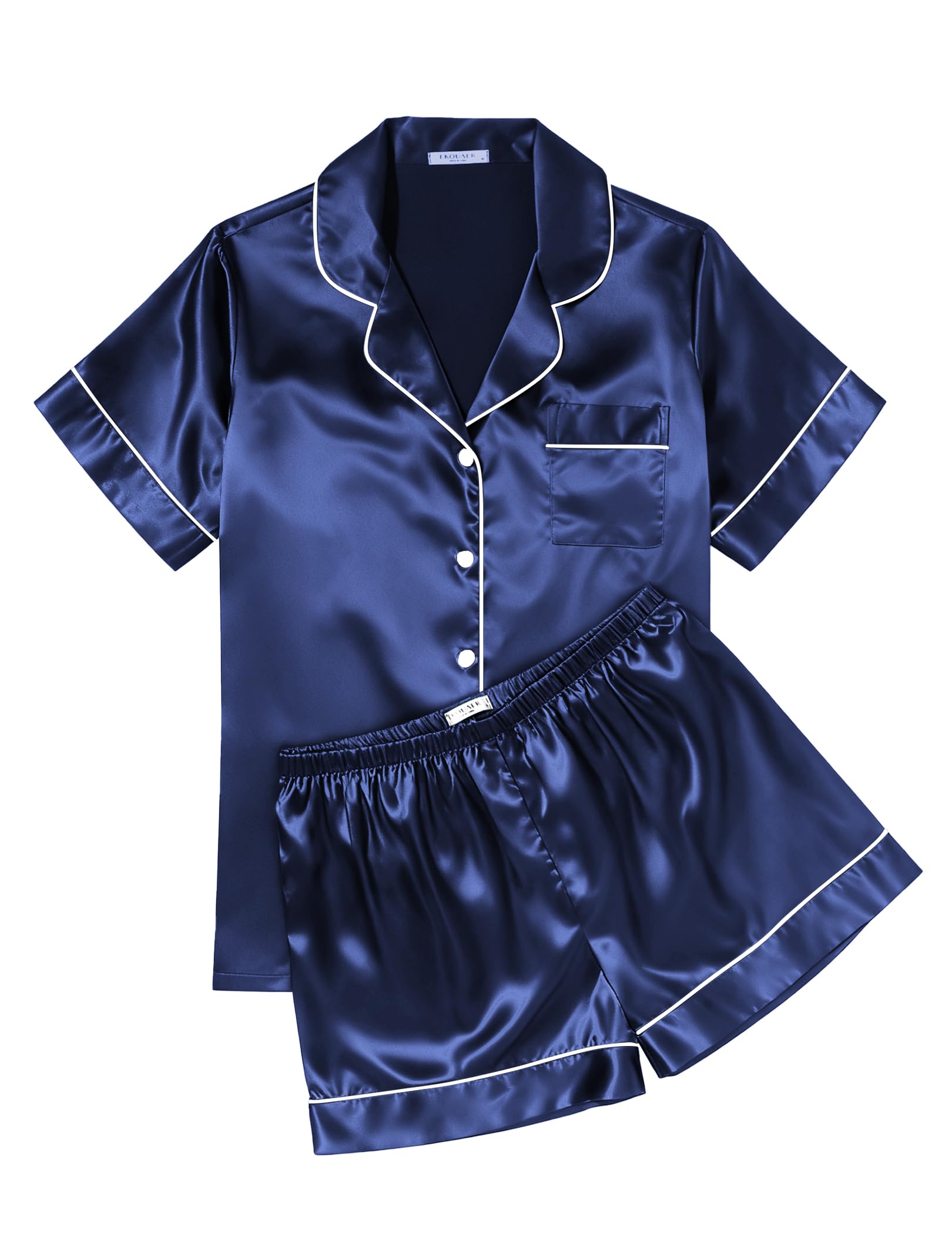 Ekouaer Womens Silk Satin Pajama Sets Soft Short Sleeve Button Down Sleepwear Top and Shorts 2 Piece Pjs Lounge Set