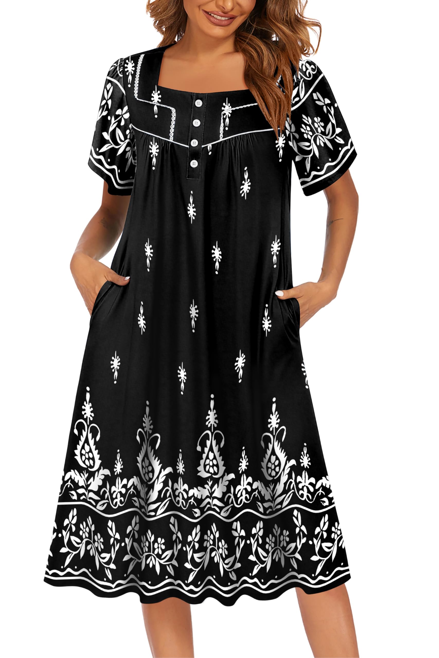 Ekouaer Women's House Dress with Pockets Moomoo Dresses Short Sleeve Mumu Nightgown Lounge Dress Button Down Sleepwear WEBE CLOTHING