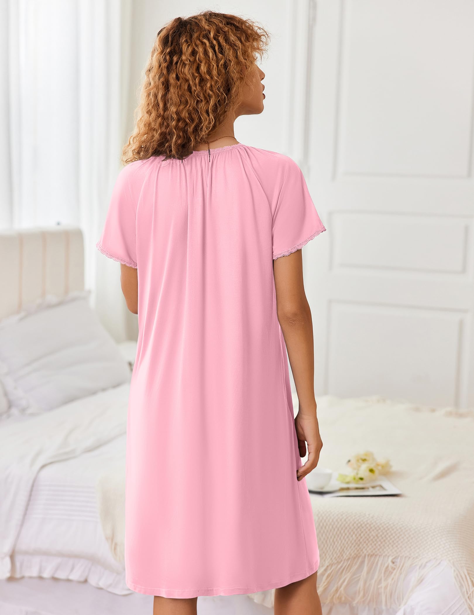 Ekouaer Zipper Robes for Women Short Sleeves Knit Bathrobes Knee Length Soft Lace Trim Loungewear with Pockets S-3XL WEBE CLOTHING