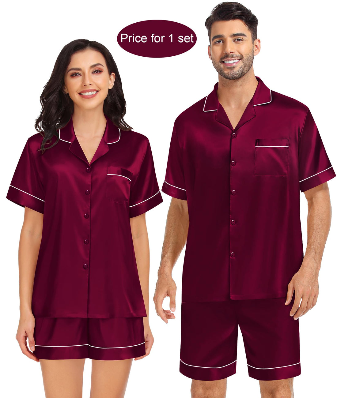 SWOMOG Couples Matching Pajamas Set Satin Short Sleeve Button Down Tops Silk Shorts Pj Lounge Set Soft Sleepwear
