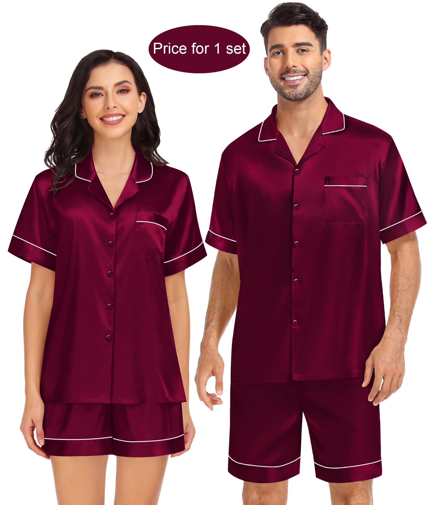 SWOMOG Couples Matching Pajamas Set Satin Short Sleeve Button Down Tops Silk Shorts Pj Lounge Set Soft Sleepwear