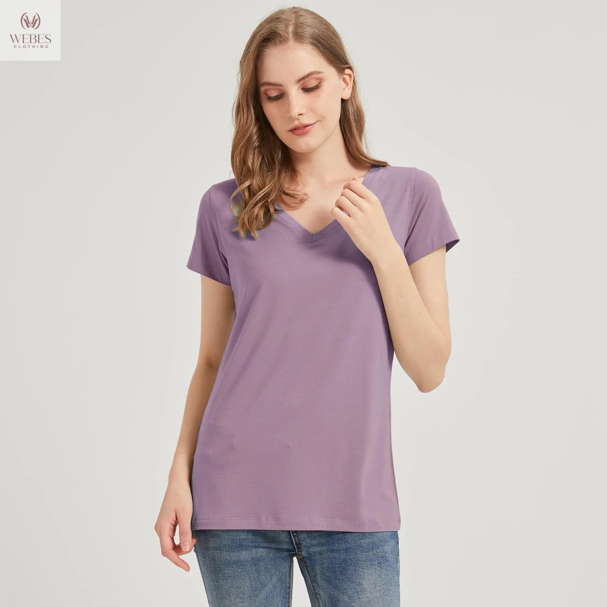 netdraw Women's Ultra-Soft Bamboo Viscose Cotton V-Neck Short Sleeve T-Shirt, Casual Summer Tops for Lounge Sleep Pajama
