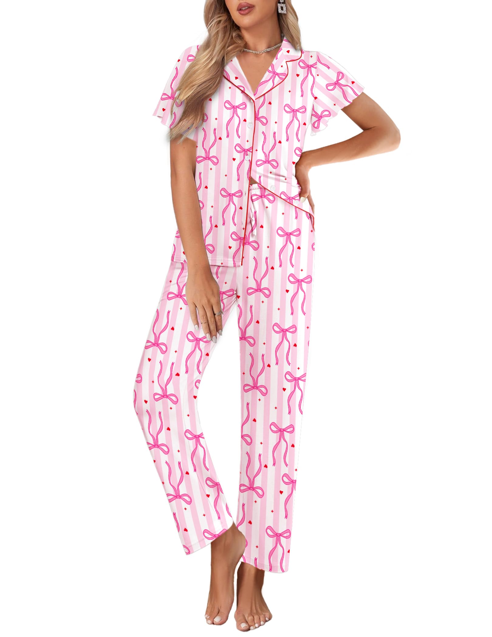 Ekouaer Pajamas for Women Set Button Up Sleepwear Cute Pjs Ruffle Sleeve Notch Collar Loungewear with Long Pants S-XXL
