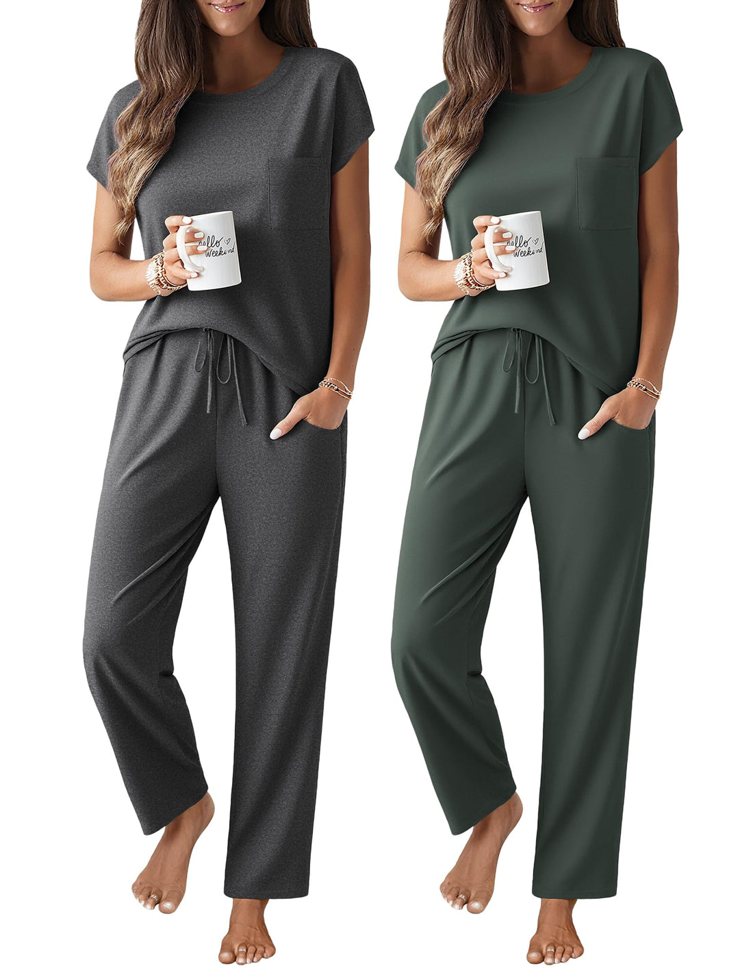 Ekouaer 2 Packs Pajamas for Women Set Cap Sleeve Top and Pants Soft Sleepwear Comfy Pjs Set with Pockets Loungewear