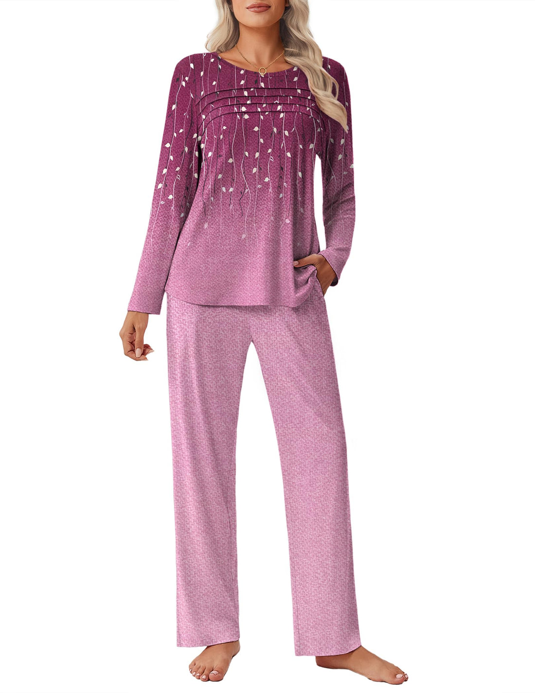 Ekouaer Womens Pajama Sets Pleated Tops with Long Pants Lounge Set Long Sleeve Fall Sleepwear Ladies Pjs S-XXL