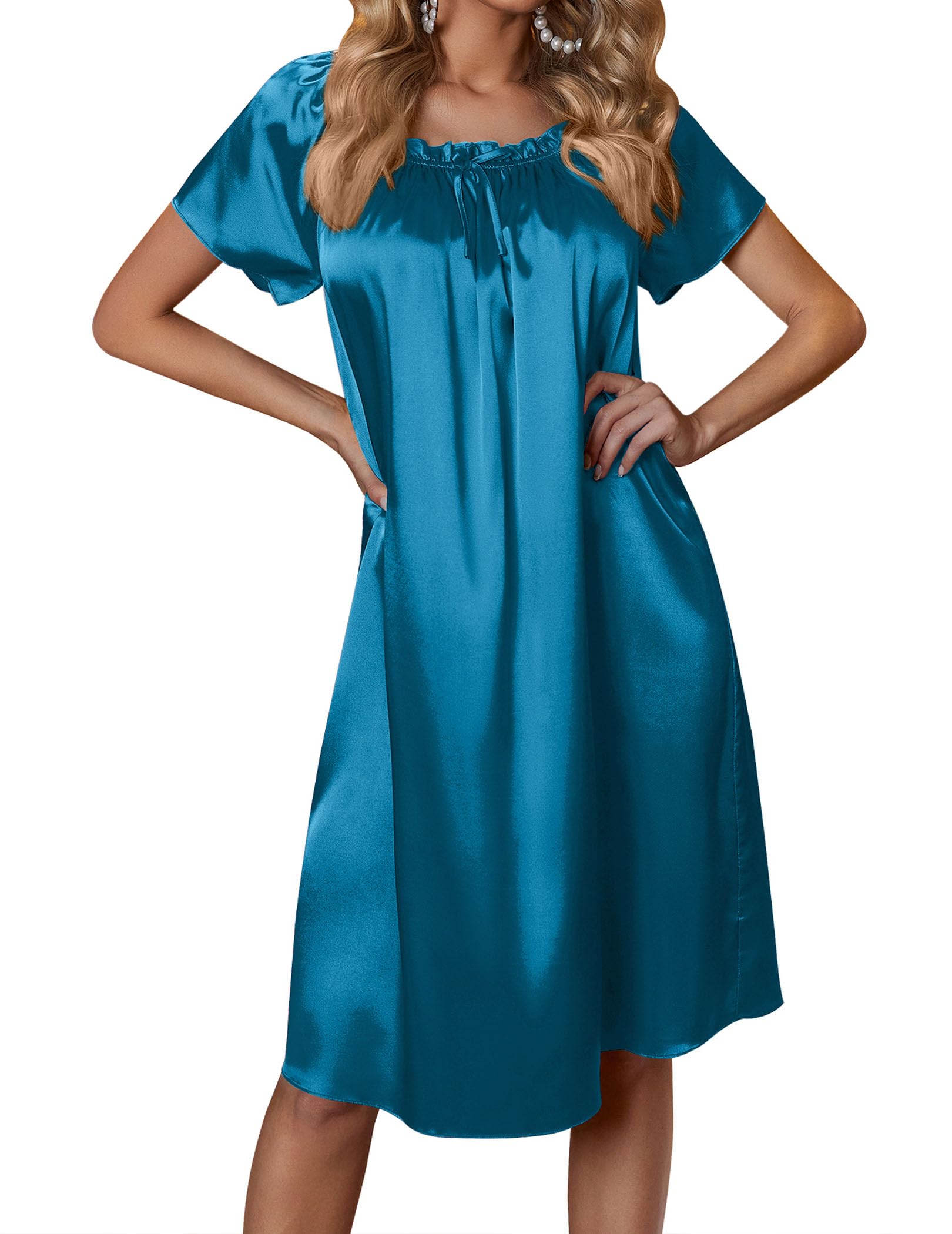 Ekouaer Women's Satin Silk Pleated Nightgown Loose Sleepwear Printed Nightshirt Short Sleeve Sleep Dress WEBE CLOTHING