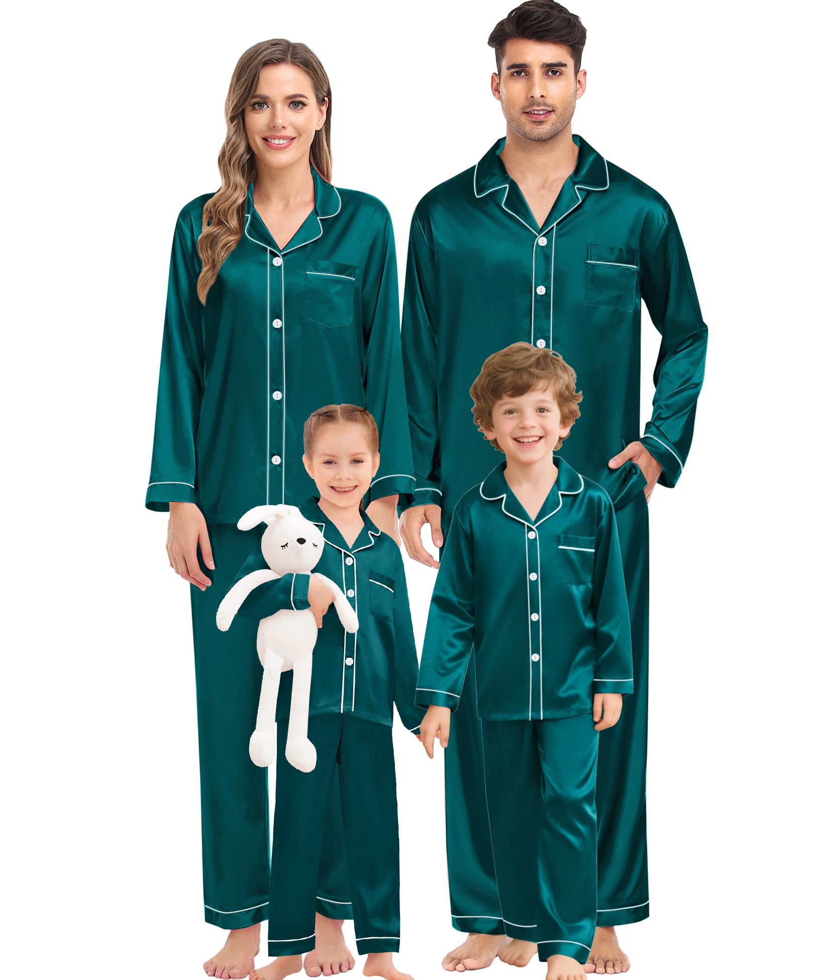 SWOMOG Family Matching Pajama Set Women/Men/Kids Satin Pajamas Long Sleeve Sleepwear Button Down Loungewear 2 Pcs Pj Set