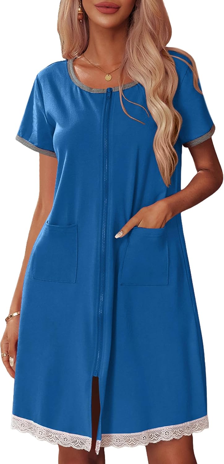 Ekouaer Womens Zipper Front Housecoats Short Sleeve Bathrobes Lace Trim Nightgown with Pockets WEBE CLOTHING