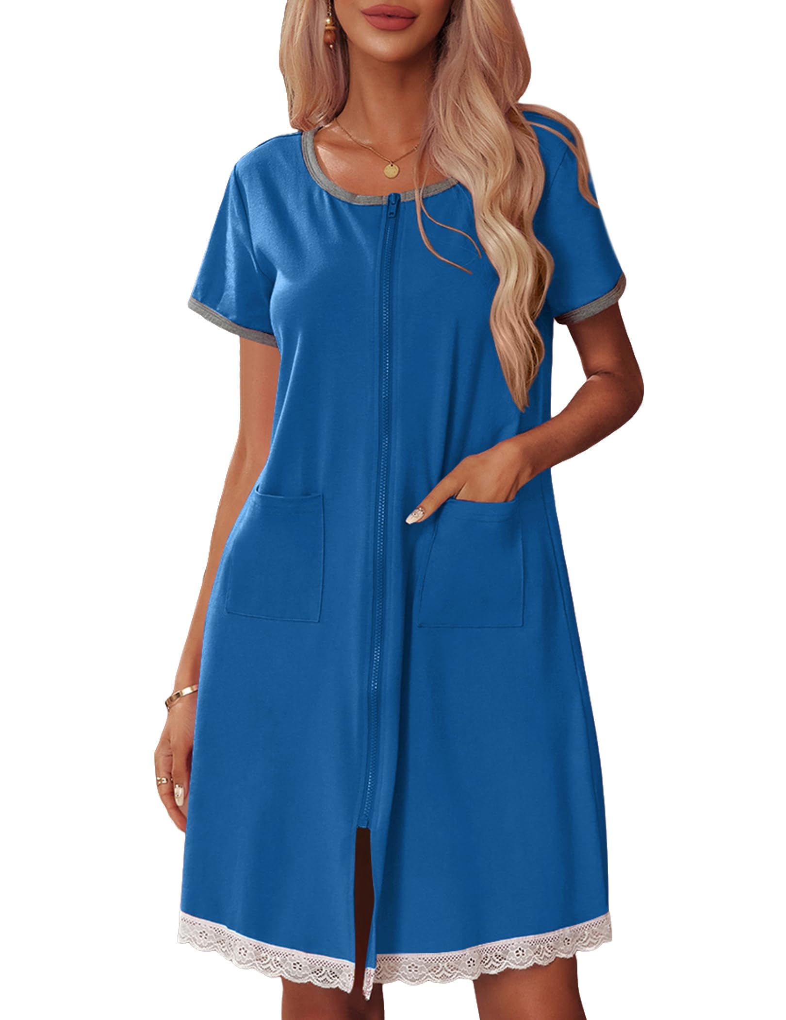 Ekouaer Womens Zipper Front Housecoats Short Sleeve Bathrobes Lace Trim Nightgown with Pockets