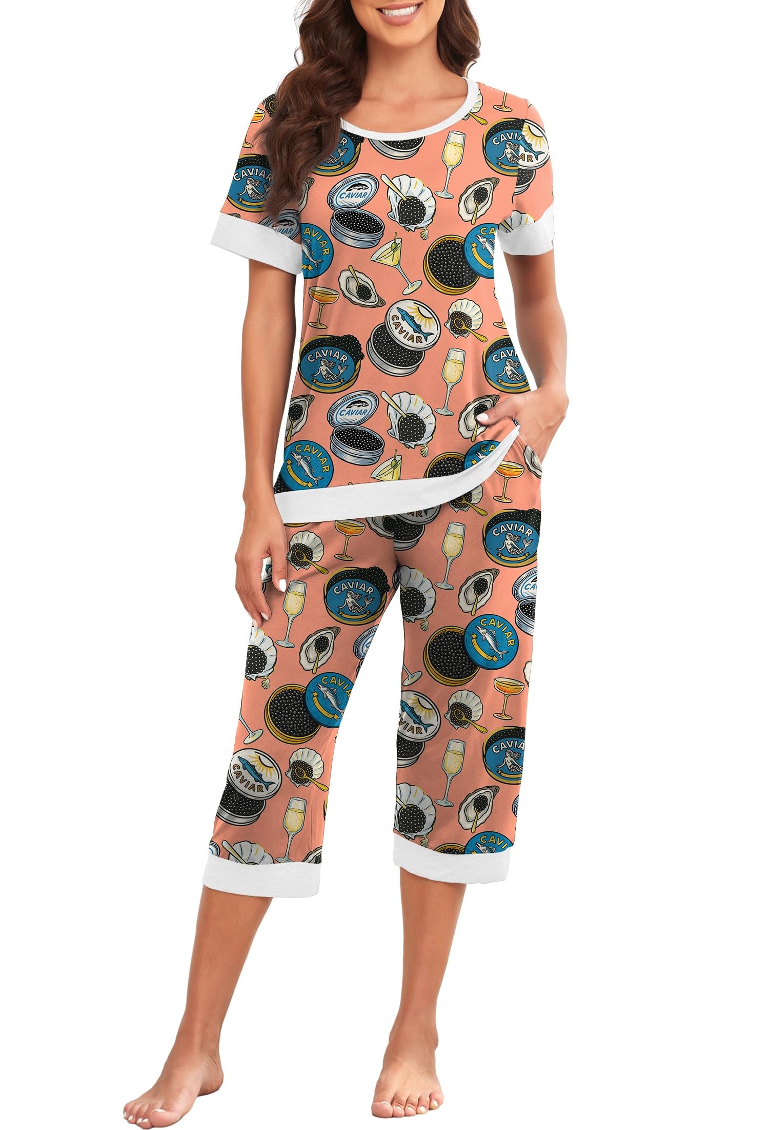 PrinStory Women's Pajama Set Short Sleeve Shirt and Capri Pants Sleepwear Pjs Sets Lounge Set WEBE CLOTHING