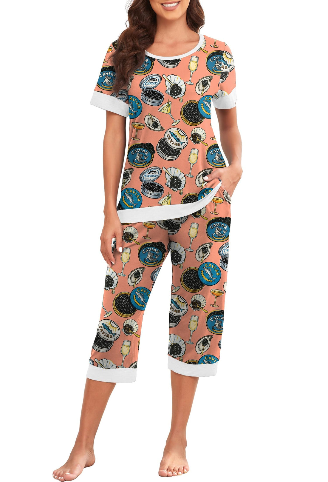 PrinStory Women's Pajama Set Short Sleeve Shirt and Capri Pants Sleepwear Pjs Sets Lounge Set WEBE CLOTHING