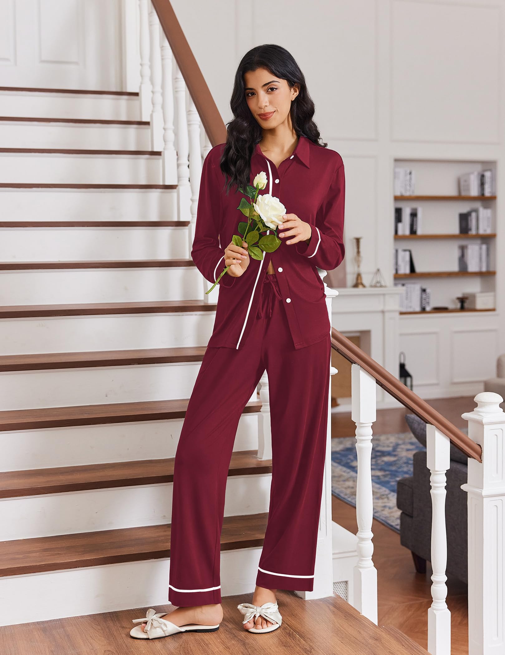 Ekouaer Womens Pajama Sets Long Sleeve Sleepwear Soft Button Down Pjs 2 Piece Loungewear witn Pants S-XXL