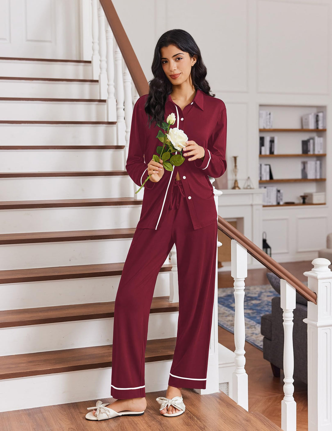 Ekouaer Womens Pajama Sets Long Sleeve Sleepwear Soft Button Down Pjs 2 Piece Loungewear witn Pants S-XXL