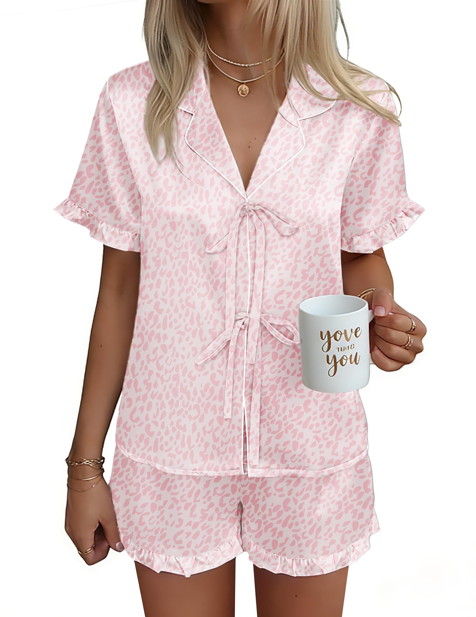 Ekouaer Satin Pajama for Women Short Sleeve Silky Pj Short Set Bow Front Tie Up Loungewear Sleepwear