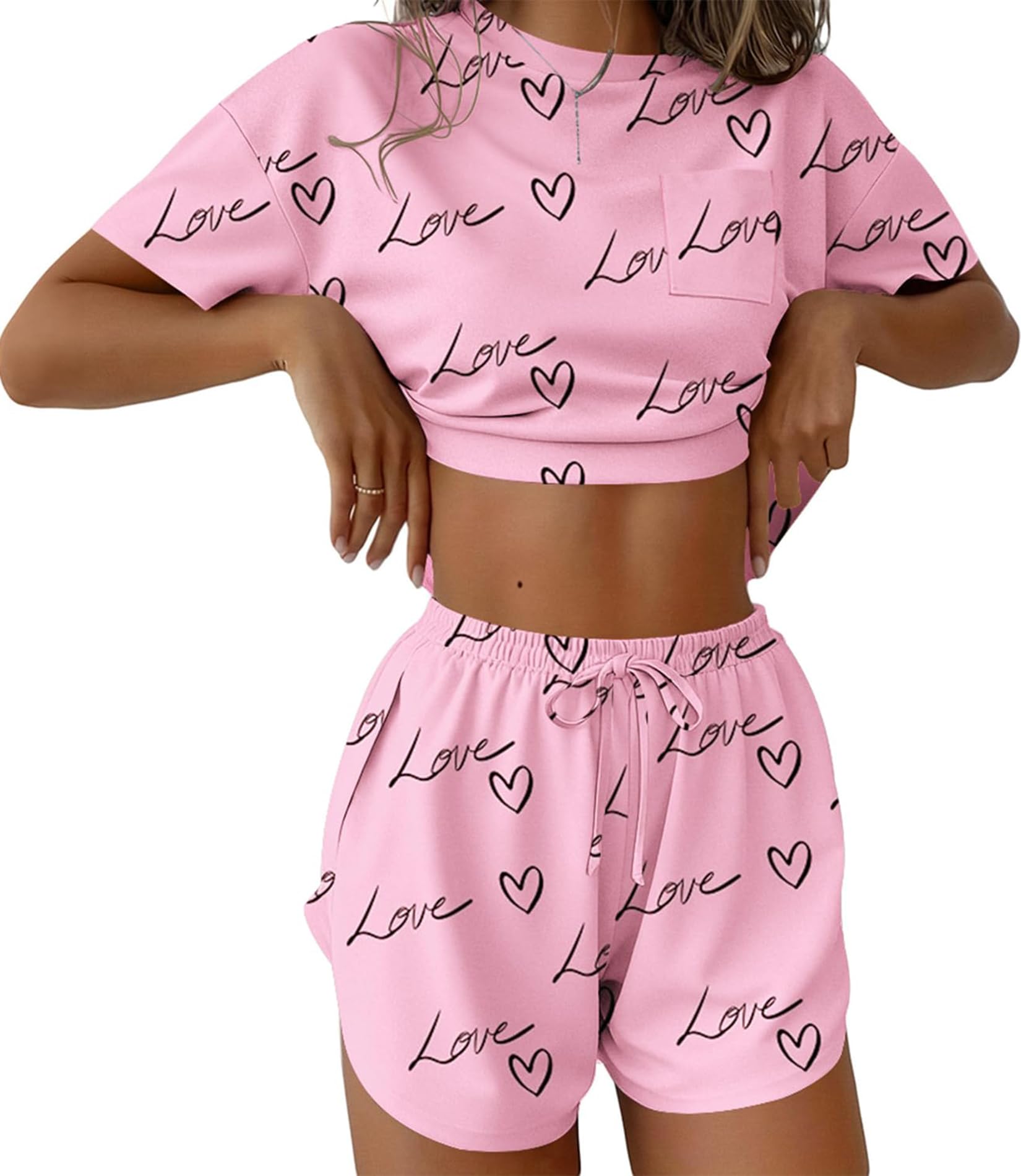 Women's 2 Piece Pajama Set Short Sleeve Sexy Side Split Short Lounge Set Cute Comfy Sleepwear Loungewear