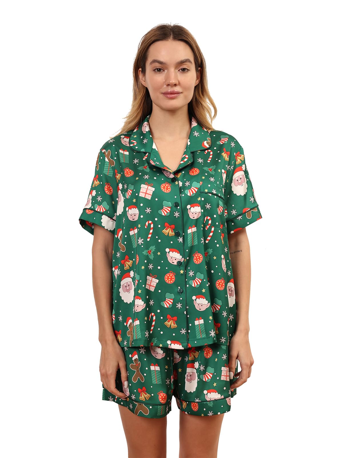 Christmas Pajamas Shorts Silk Pjs Women Satin Pajama Cute Print Tee and Shorts Gift Sleepwear 2 Pieces Loungewear