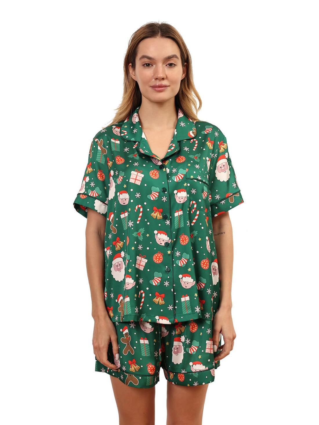 Christmas Pajamas Shorts Silk Pjs Women Satin Pajama Cute Print Tee and Shorts Gift Sleepwear 2 Pieces Loungewear