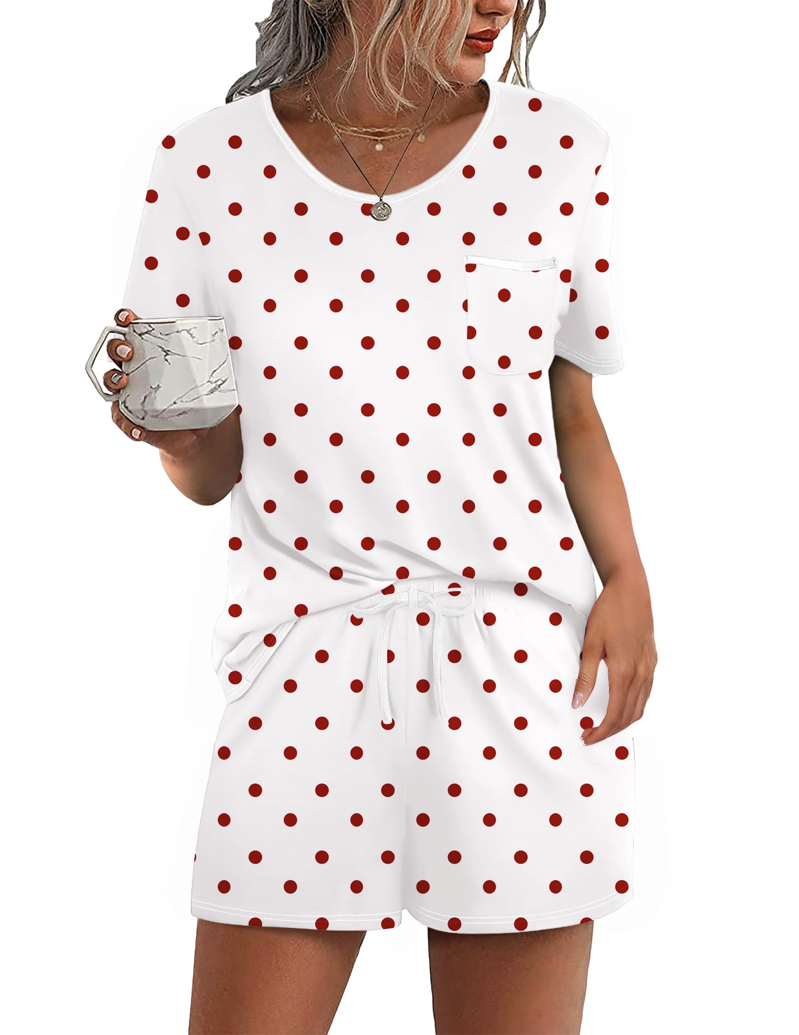 Ekouaer Pajama Set for Women 2 Piece Lounge Set Short Sleeve Tops and Shorts Soft Sleepwear, Chest Pocket