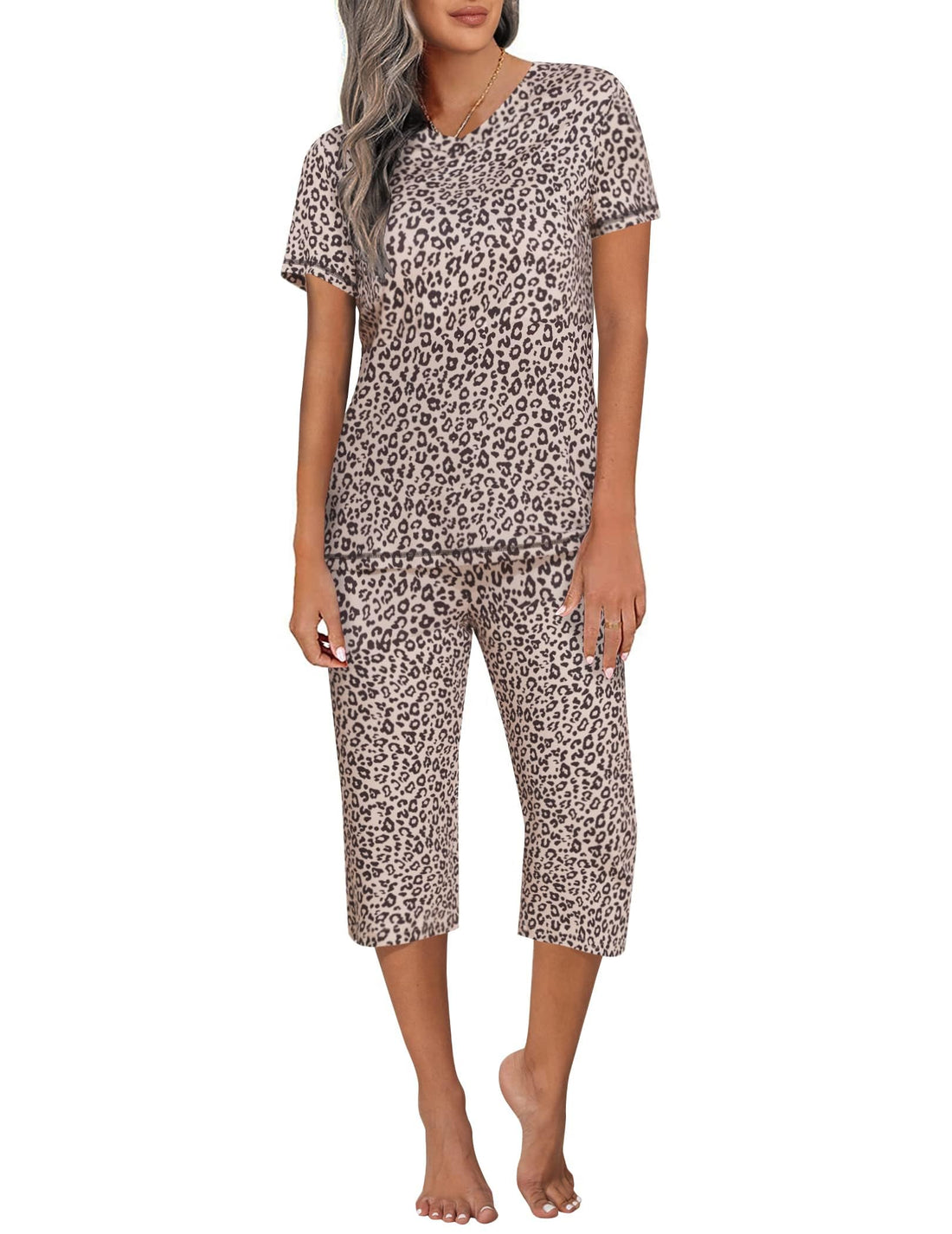 Ekouaer Women's Sleepwear Capri Pajama Sets Short Sleeve Two-Piece Pjs V Neck Tops & Capri Pants with Pockets S-3XL
