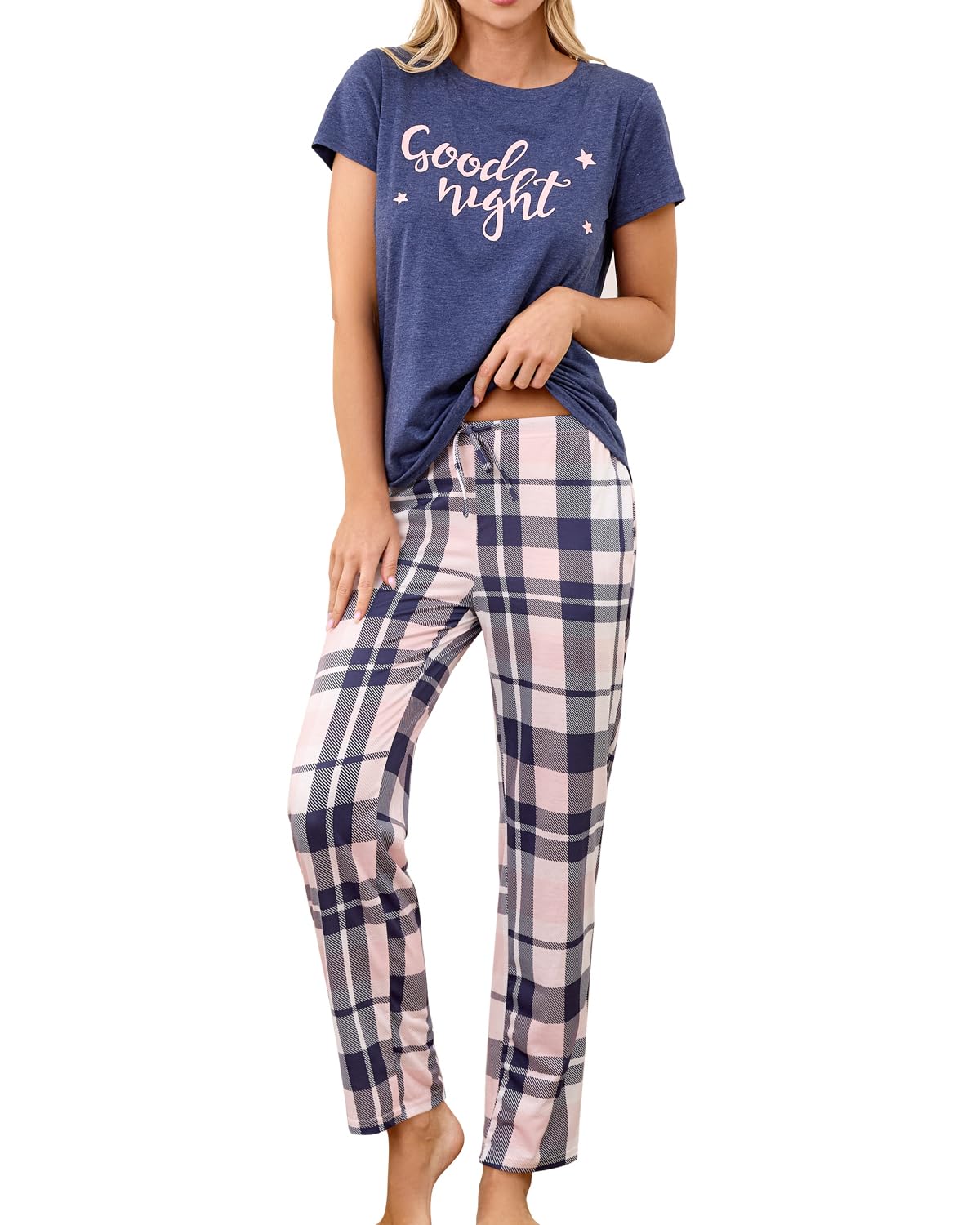 difficort Womens Pajama Sets Short Sleeve Pjs Tops with Long Pants Sleepwear Lounge Set with Pocket WEBE CLOTHING