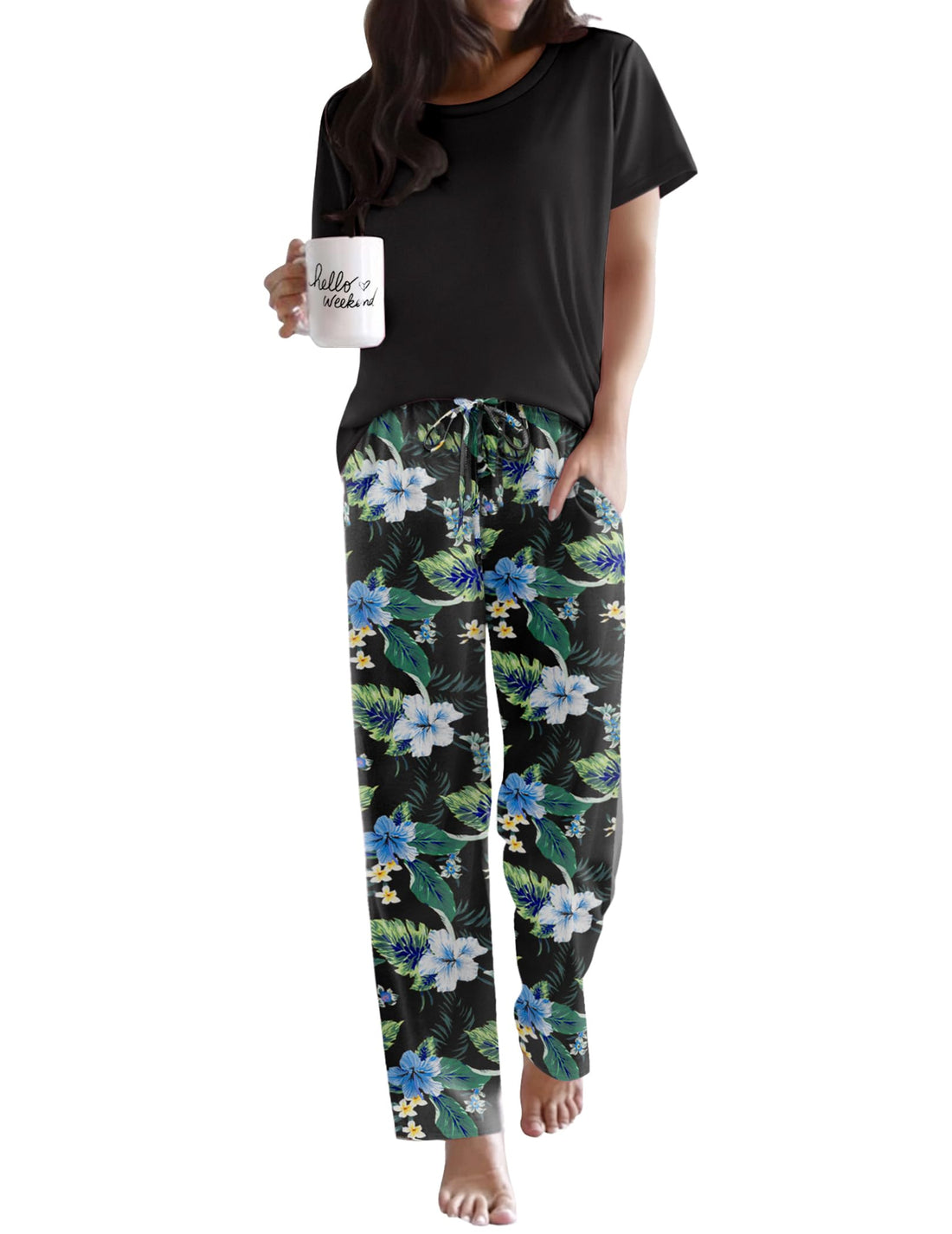 Ekouaer Pajama Sets for Women Round Neck Pjs Short Sleeve Sleepwear with Long Pants Loose Lounge Sets