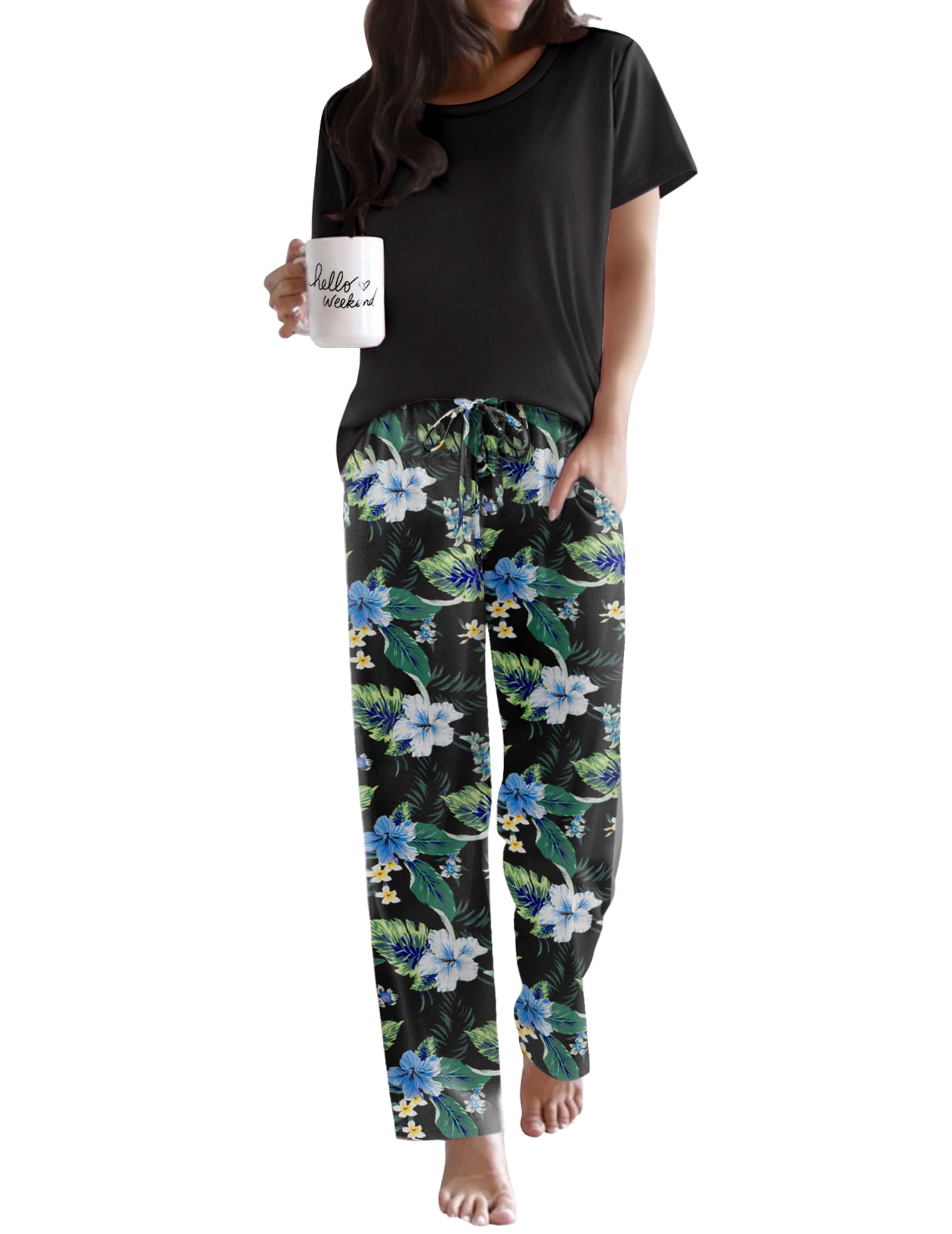 Ekouaer Pajama Sets for Women Round Neck Pjs Short Sleeve Sleepwear with Long Pants Loose Lounge Sets