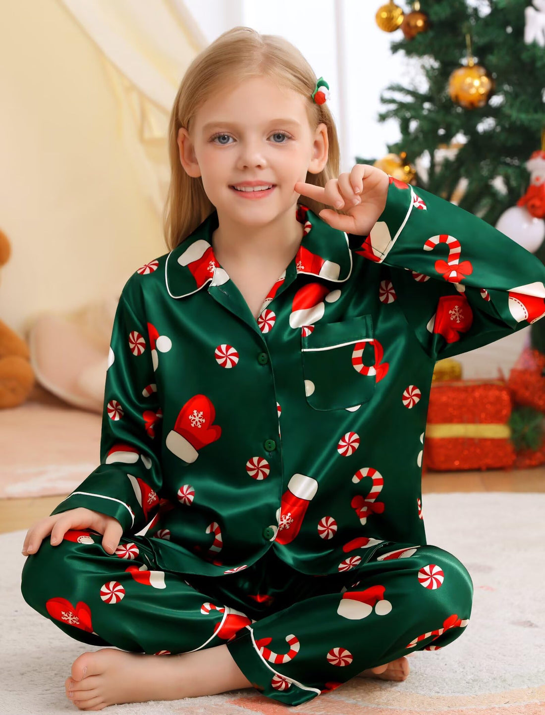 SWOMOG Family Matching Pajama Set 2Pcs Silk Satin Sleepwear Long Sleeve Button Down Loungewear