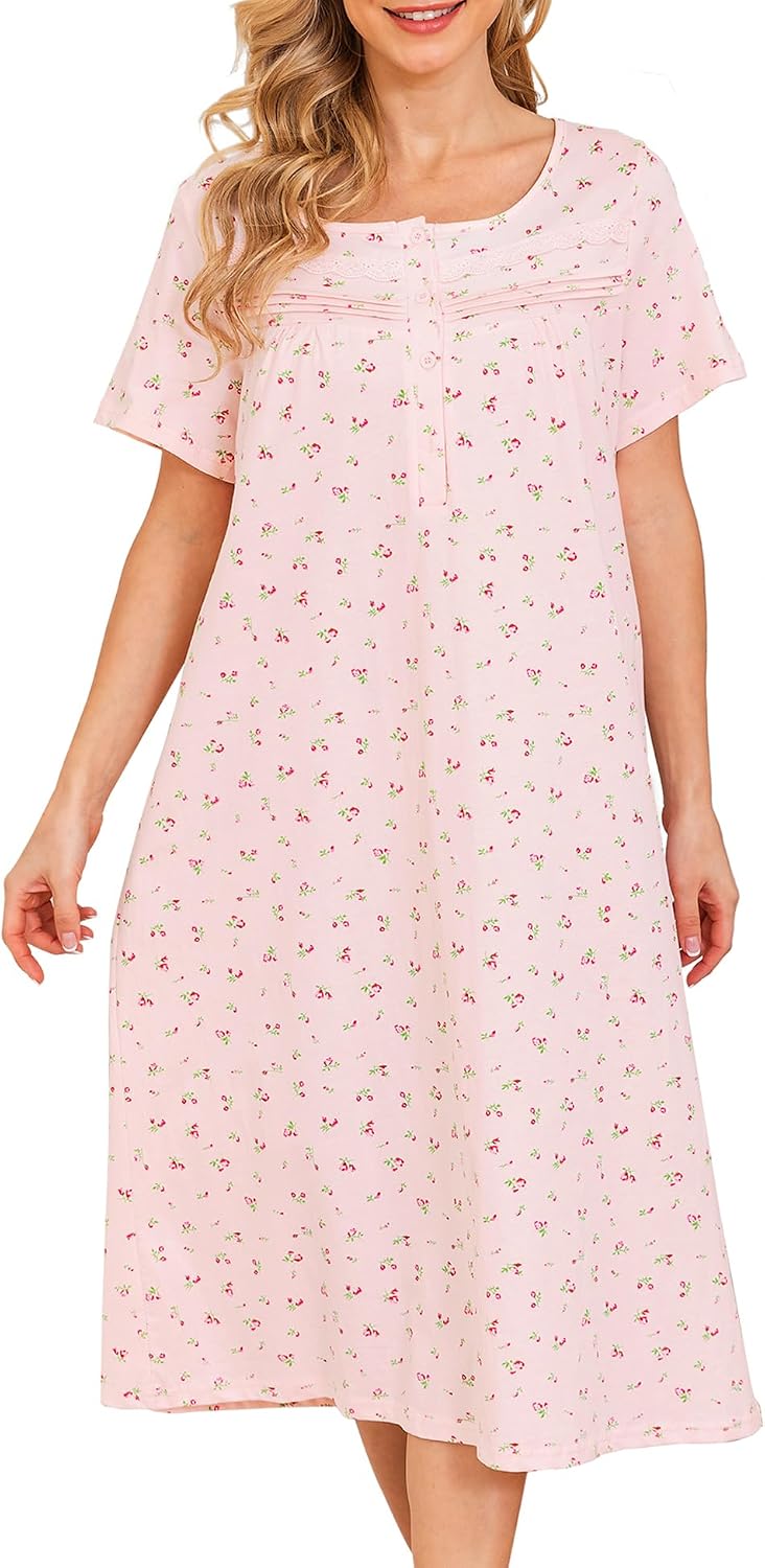 Bloggerlove Nightgowns for Women 100% Cotton Soft House Dress | 100 Full Cotton, Button Neck, Knee Length, Lace Trim Floral, Breathable, Skin-frieend, Loose Fit, Comfy Sleepwear WEBE CLOTHING